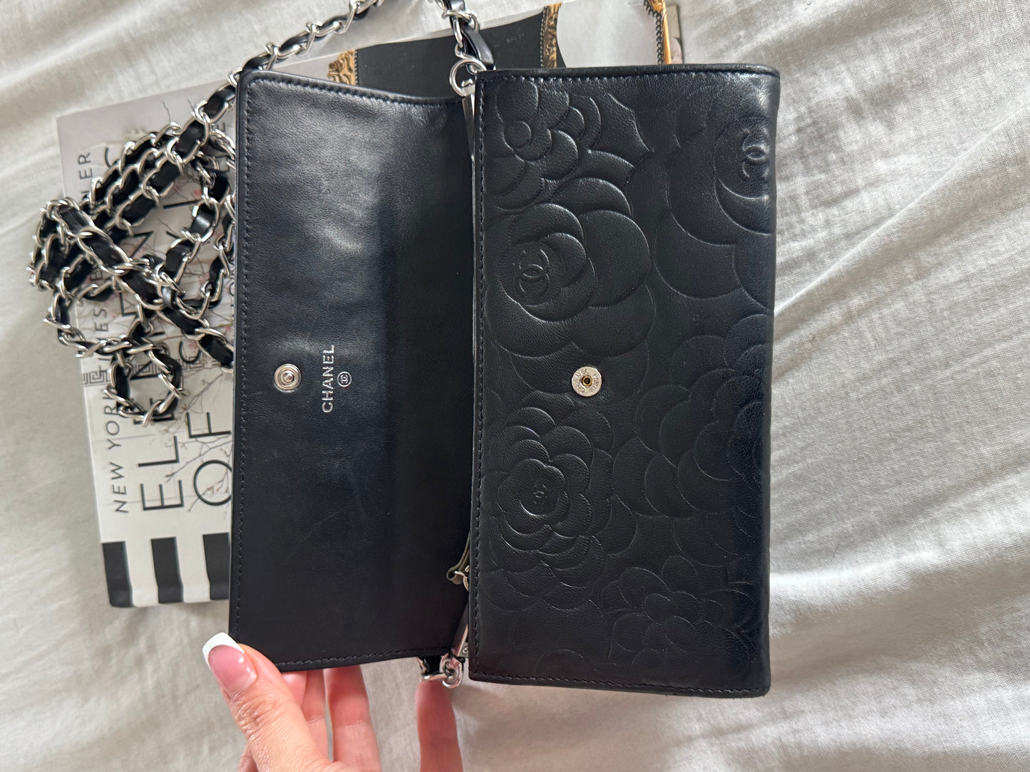 Pre-Owned CHANEL Lambskin Camellia Embossed Large Flap Wallet On Chain Crossbody Bag