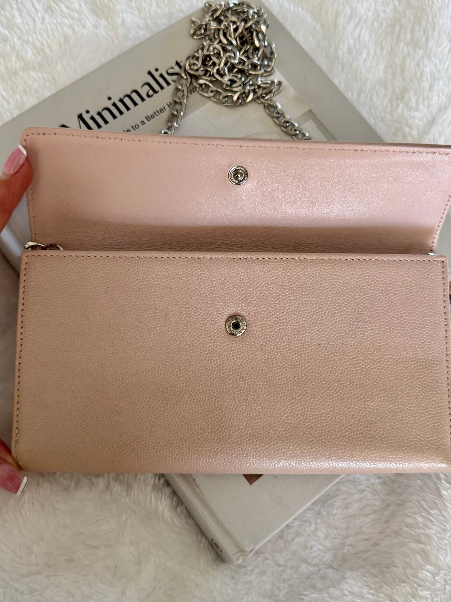 Pre-Owned Chanel Coco Mark Sevruga Caviar Skin Flap Long Wallet On Chain Pink