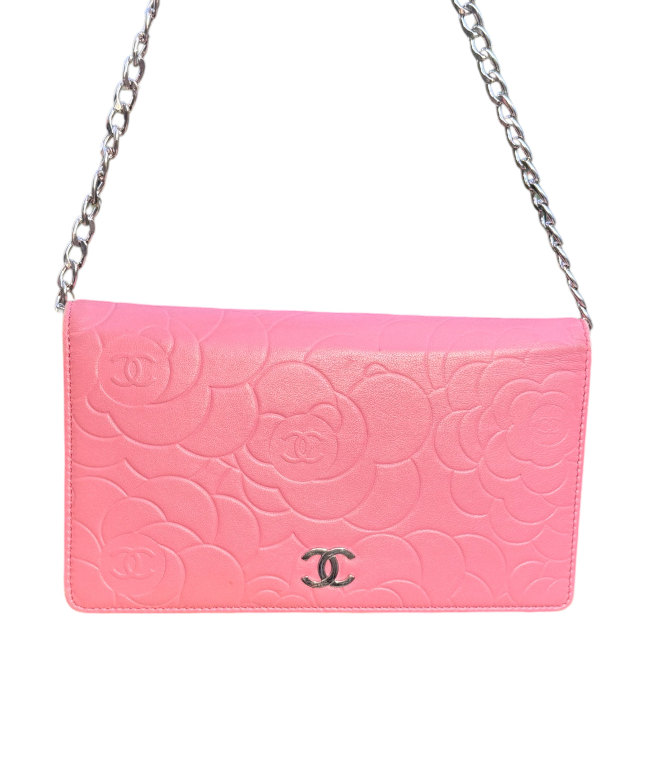 Pre-Owned CHANEL Camellia Bi-Fold wallet on chain crossbody bag - Pink