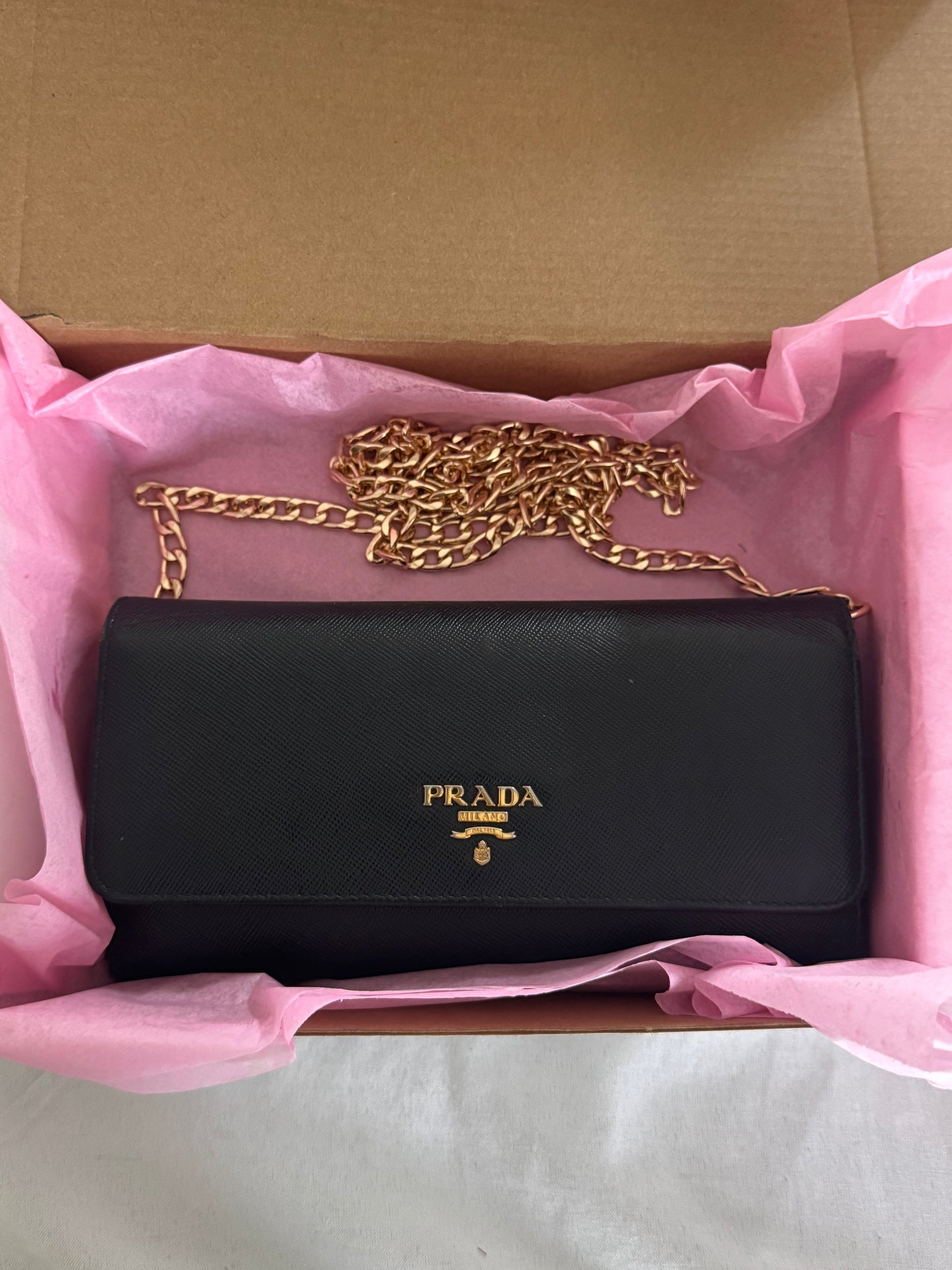 Pre-Owned PRADA Black Saffiano Leather Wallet with Chain