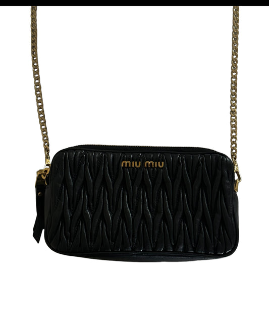 Pre-Owned MIU MIU Matelasse Leather Gather Chain Shoulder Bag Black