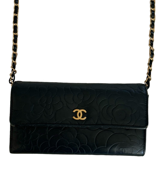 Pre-Owned Chanel Lambskin Camellia Embossed Large Flap Wallet On Chain Crossbody Bag