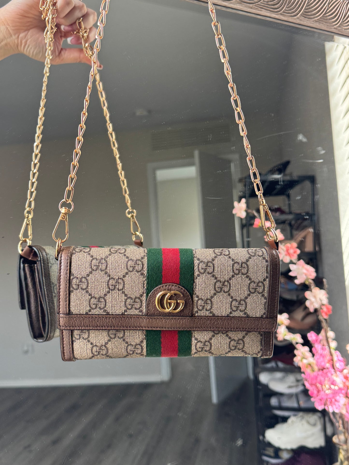 Pre-Owned GUCCI GG Supreme Monogram Web Ophidia Wallet On Chain Crossbody Bag