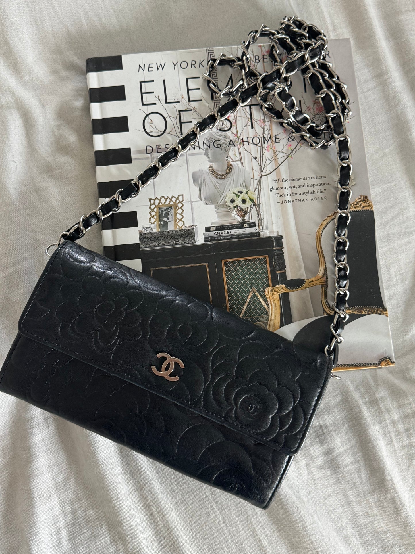 Pre-Owned CHANEL Lambskin Camellia Embossed Large Flap Wallet On Chain Crossbody Bag