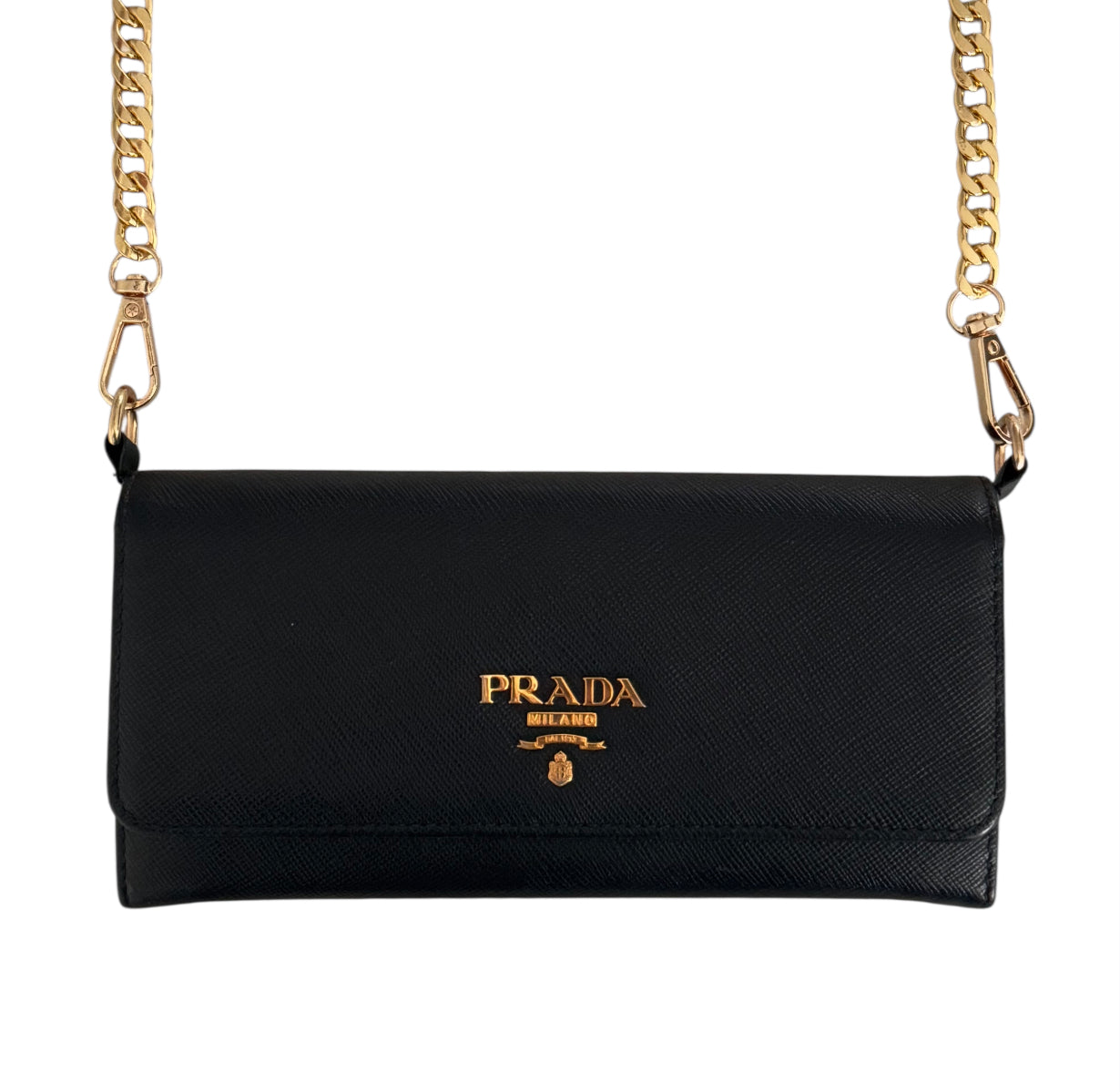 Pre-Owned PRADA Black Saffiano Leather Wallet with Chain Crossbody Bag
