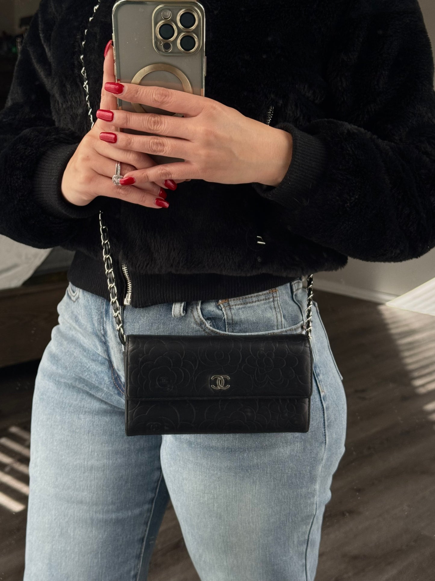 Pre-Owned Chanel Lambskin Camellia Embossed Large Flap Wallet On Chain Crossbody Bag