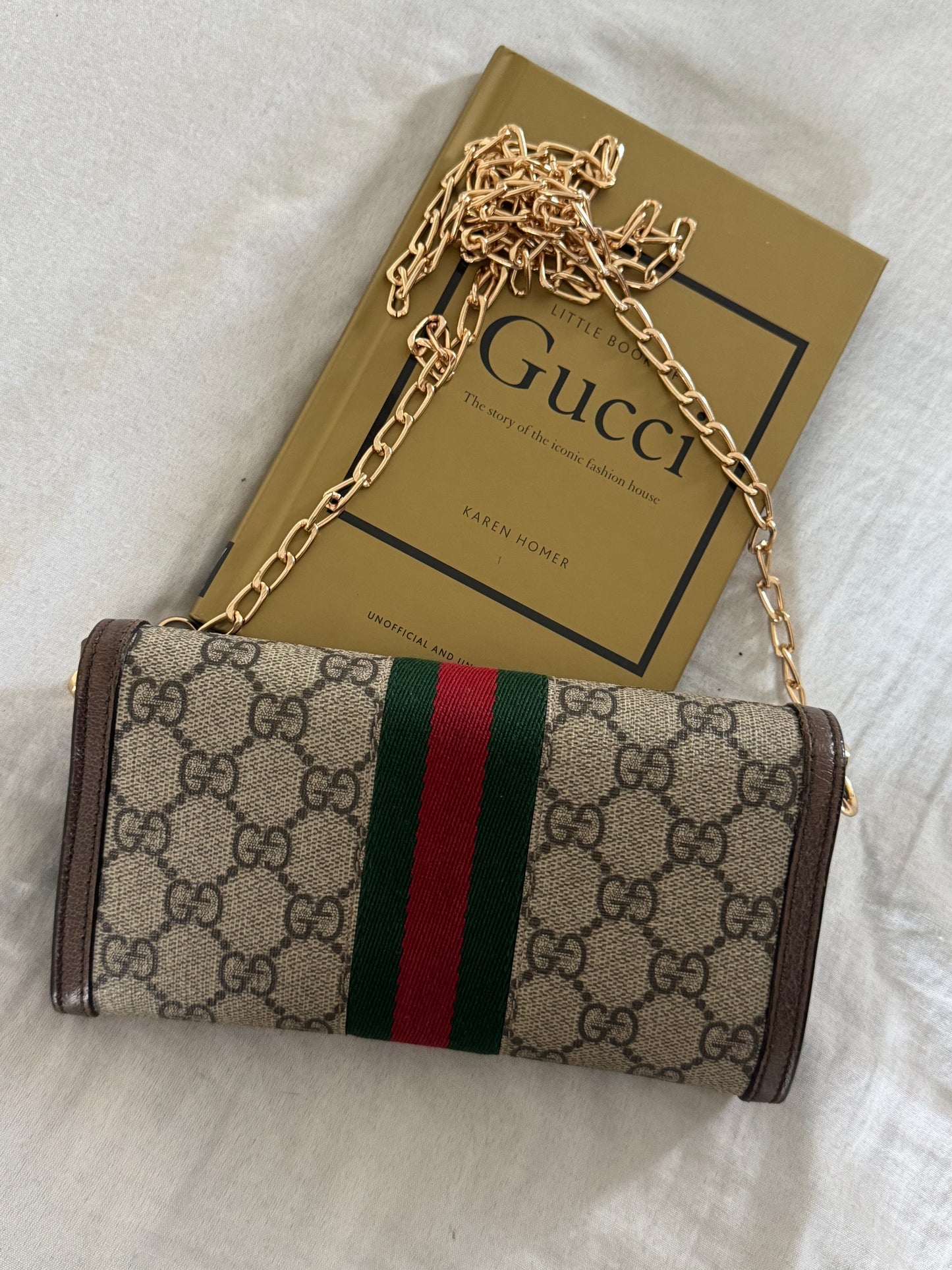 Pre-Owned GUCCI GG Supreme Monogram Web Ophidia Wallet On Chain Crossbody Bag