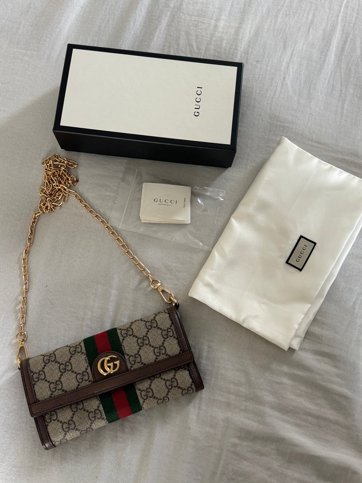 Pre-Owned GUCCI GG Supreme Monogram Web Ophidia Wallet On Chain Crossbody Bag