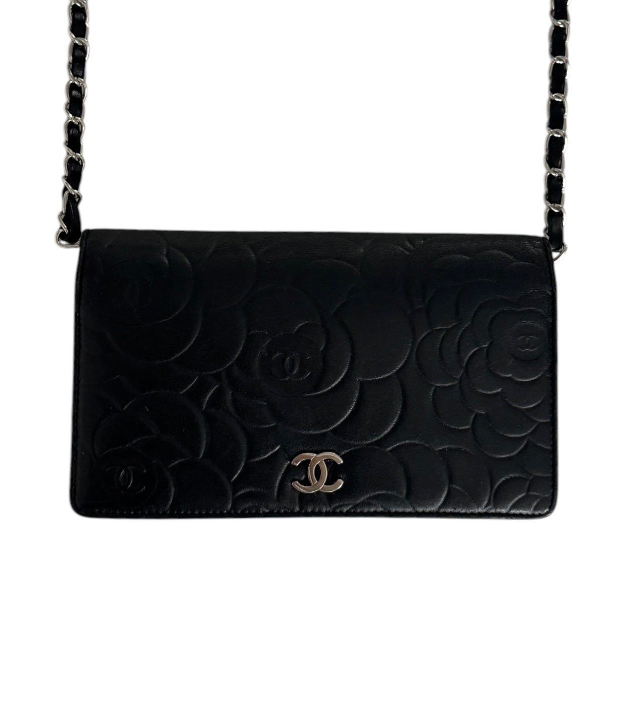 Pre-Owned CHANEL Camellia Bi-Fold wallet on chain crossbody bag - Black