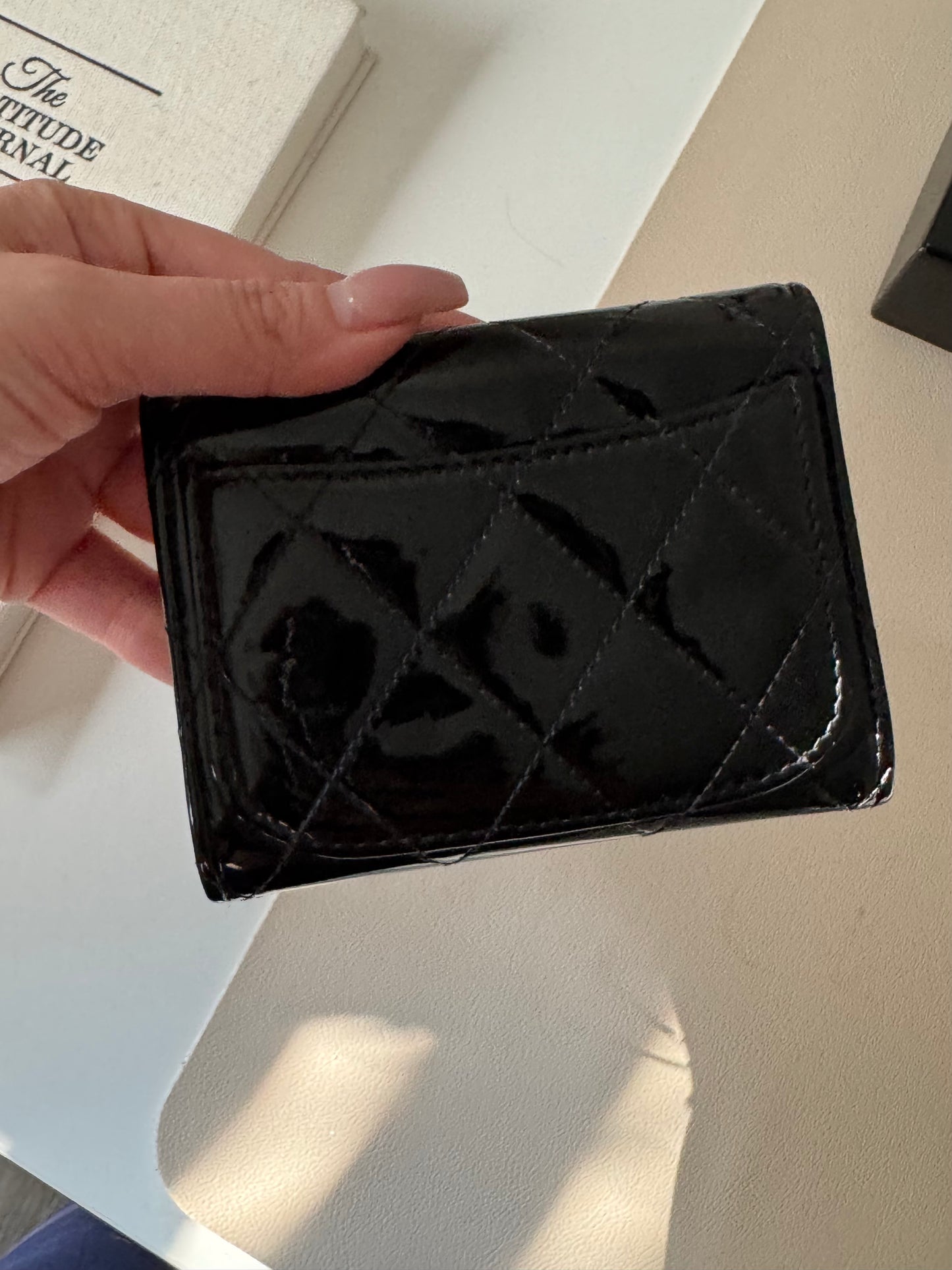 Pre-Owned Chanel Patent Quilted Flap Card Holder Wallet On Chain Mini Bag