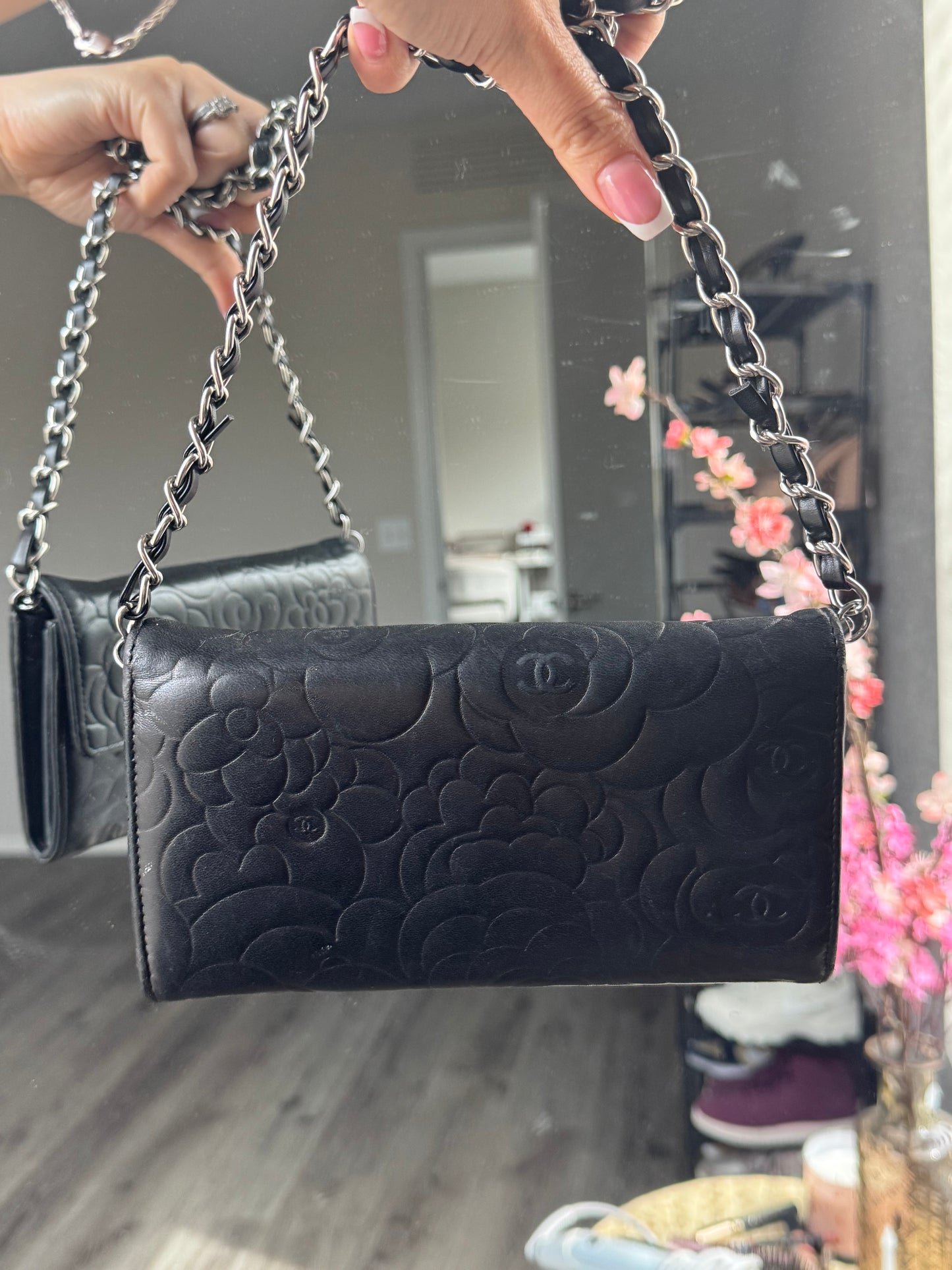 Pre-Owned CHANEL Lambskin Camellia Embossed Large Flap Wallet On Chain Crossbody Bag