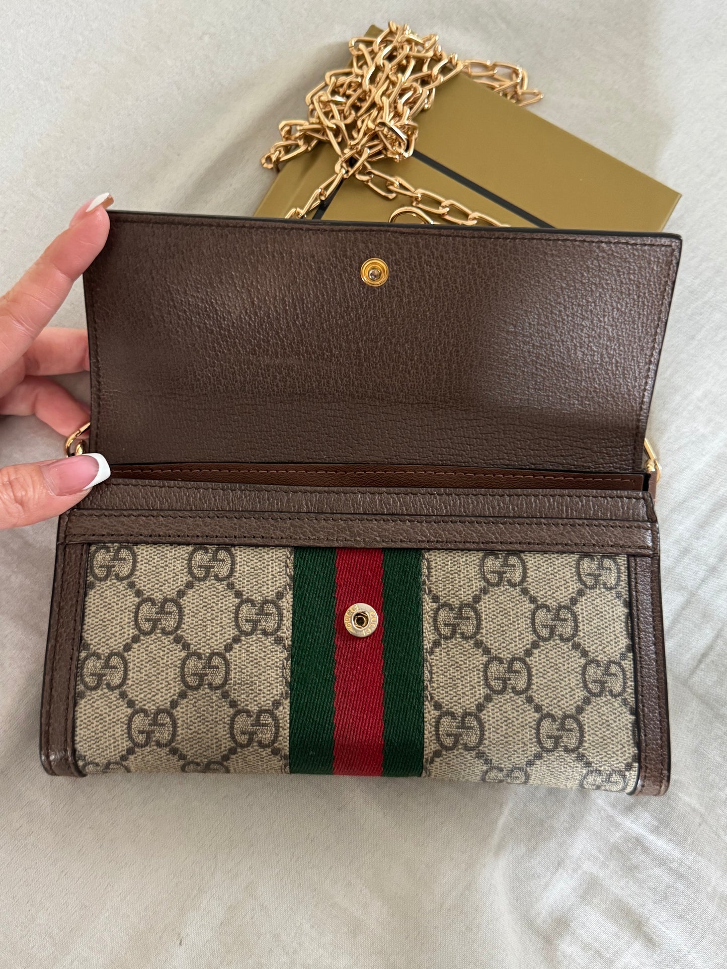 Pre-Owned GUCCI GG Supreme Monogram Web Ophidia Wallet On Chain Crossbody Bag