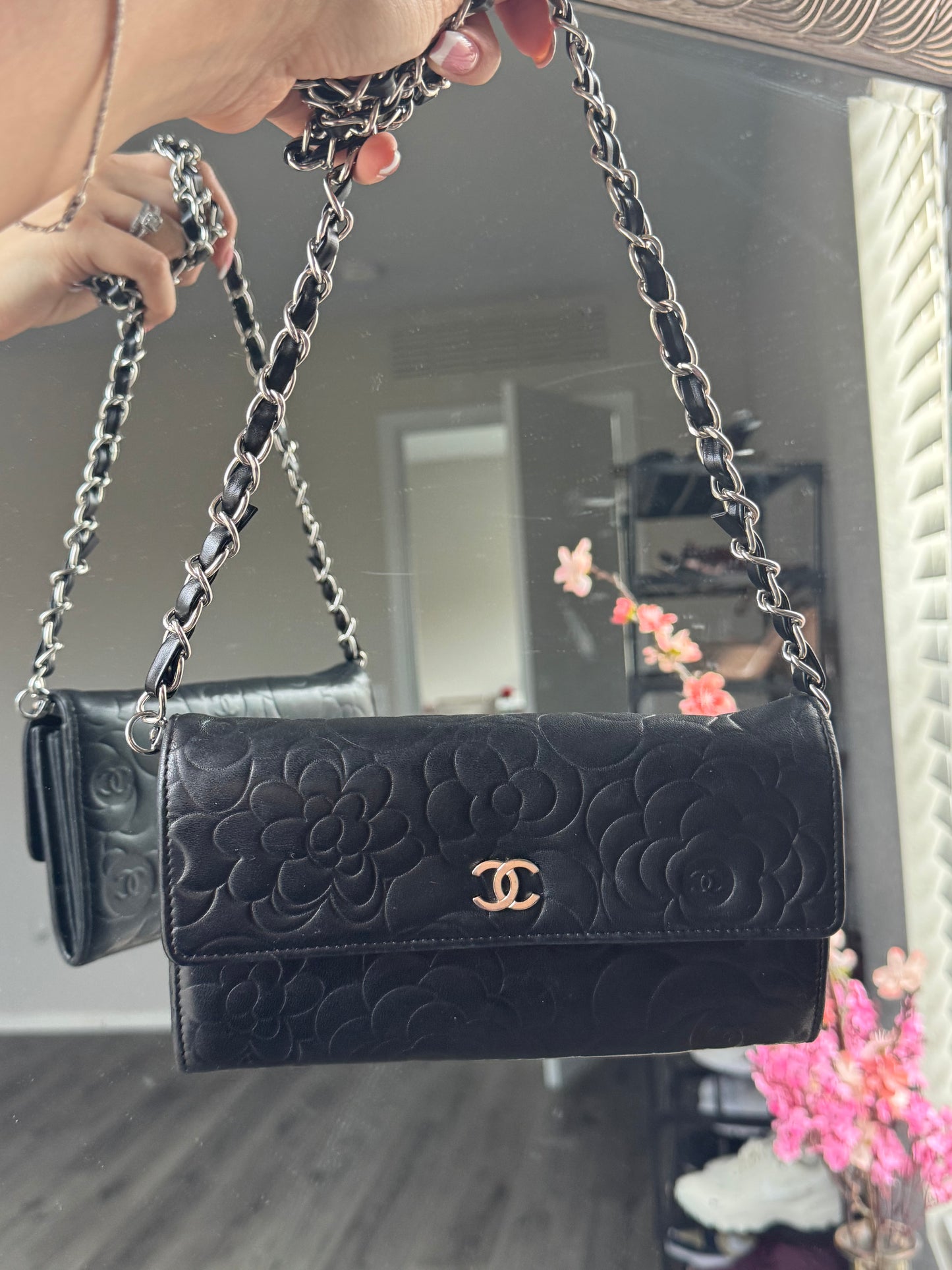 Pre-Owned CHANEL Lambskin Camellia Embossed Large Flap Wallet On Chain Crossbody Bag