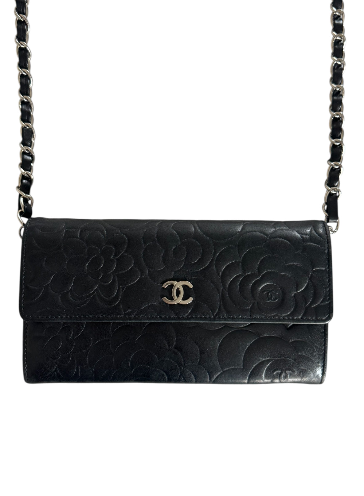 Pre-Owned CHANEL Lambskin Camellia Embossed Large Flap Wallet On Chain Crossbody Bag