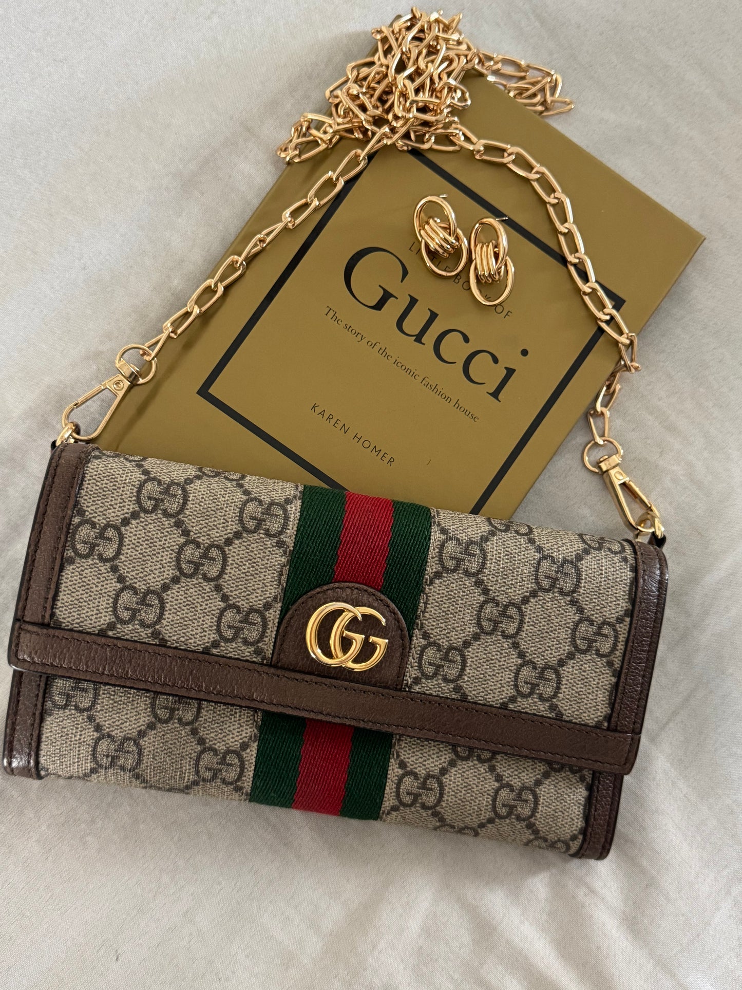 Pre-Owned GUCCI GG Supreme Monogram Web Ophidia Wallet On Chain Crossbody Bag