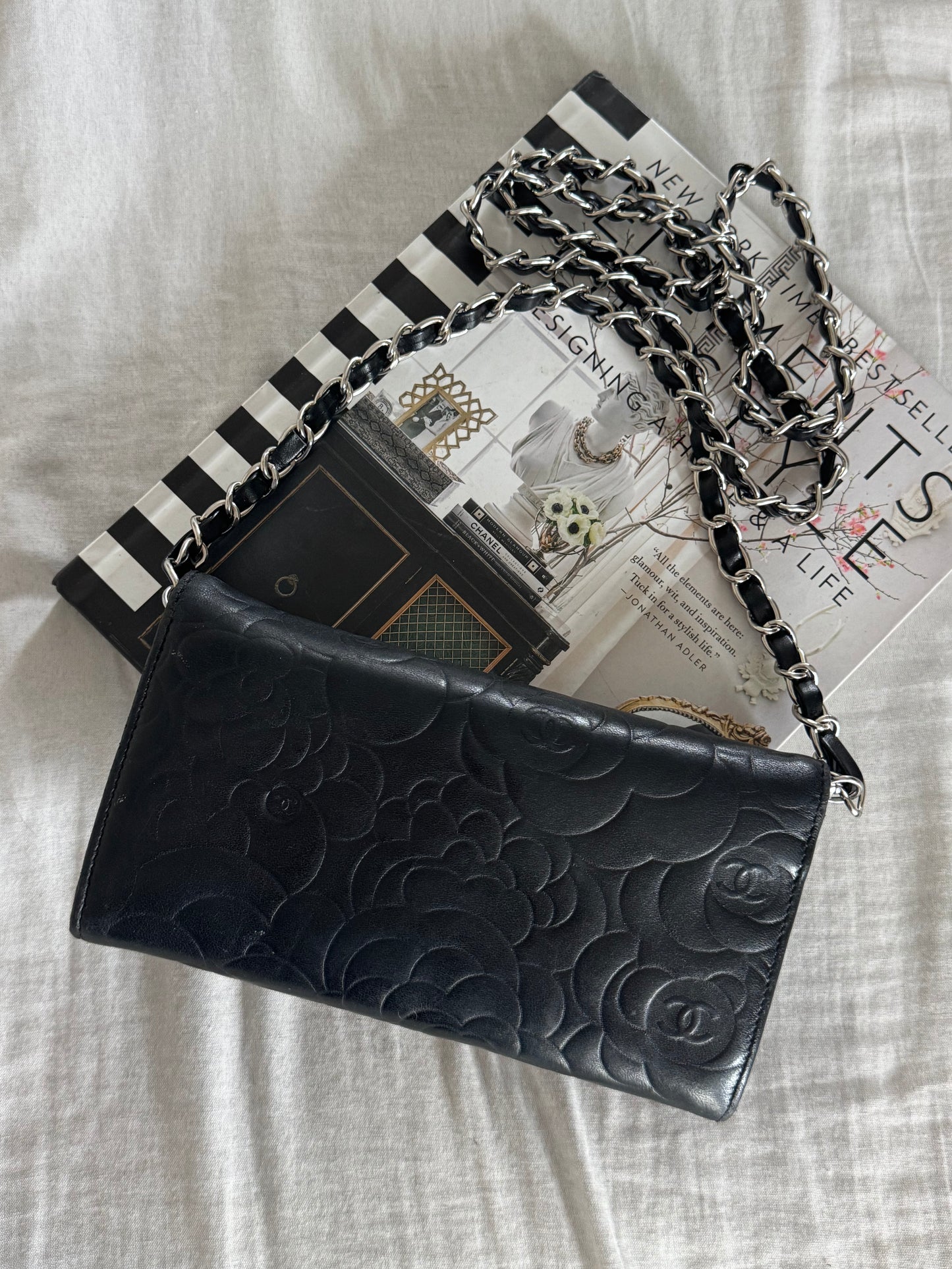 Pre-Owned CHANEL Lambskin Camellia Embossed Large Flap Wallet On Chain Crossbody Bag
