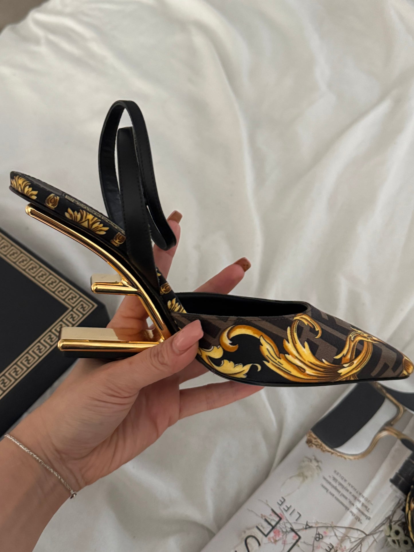 Pre-Owned FENDI X VERSACE (FENDACE) Silk Calfskin Slingback Sandals 36 EU 6.5 US