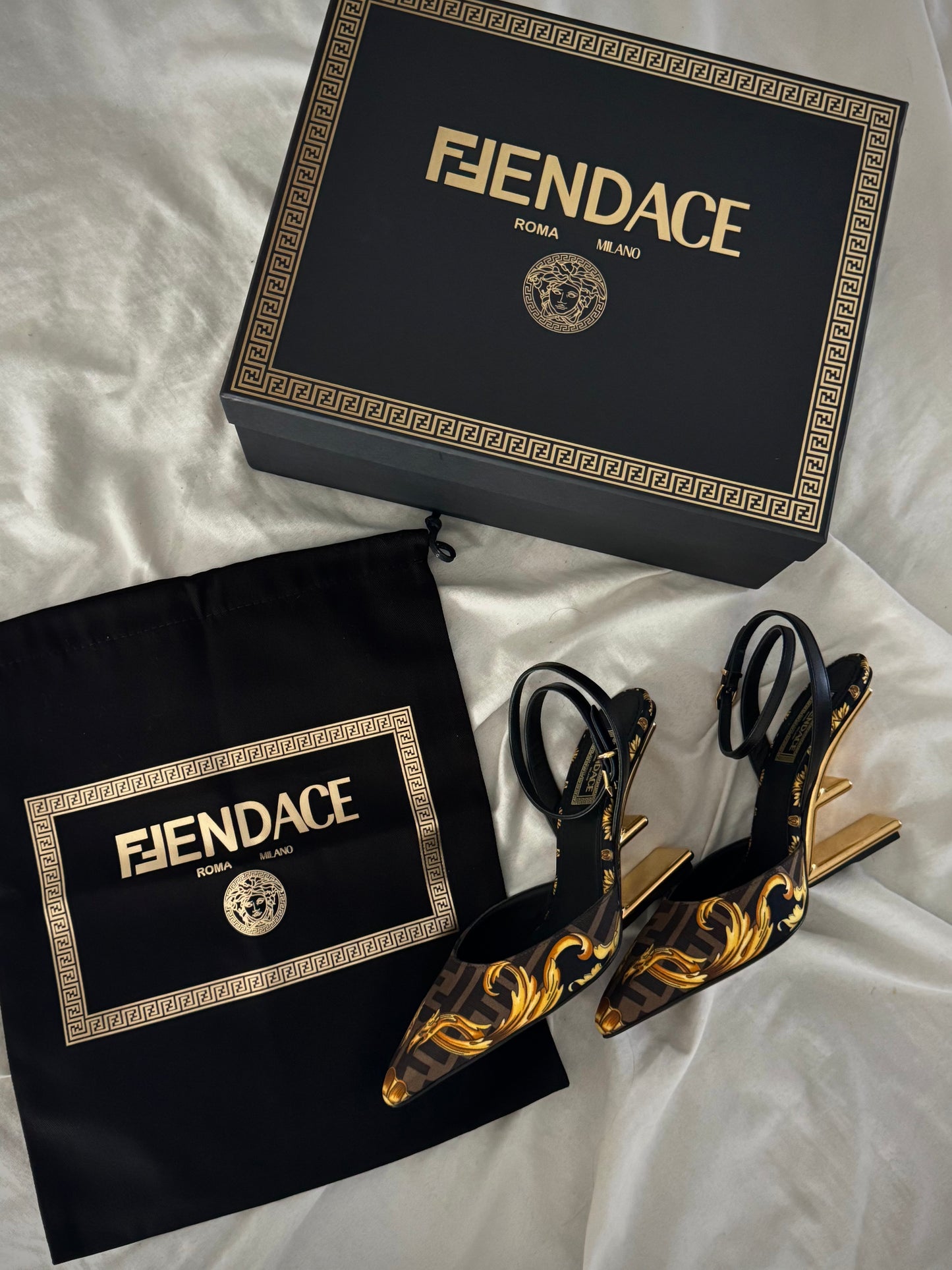Pre-Owned FENDI X VERSACE (FENDACE) Silk Calfskin Slingback Sandals 36 EU 6.5 US