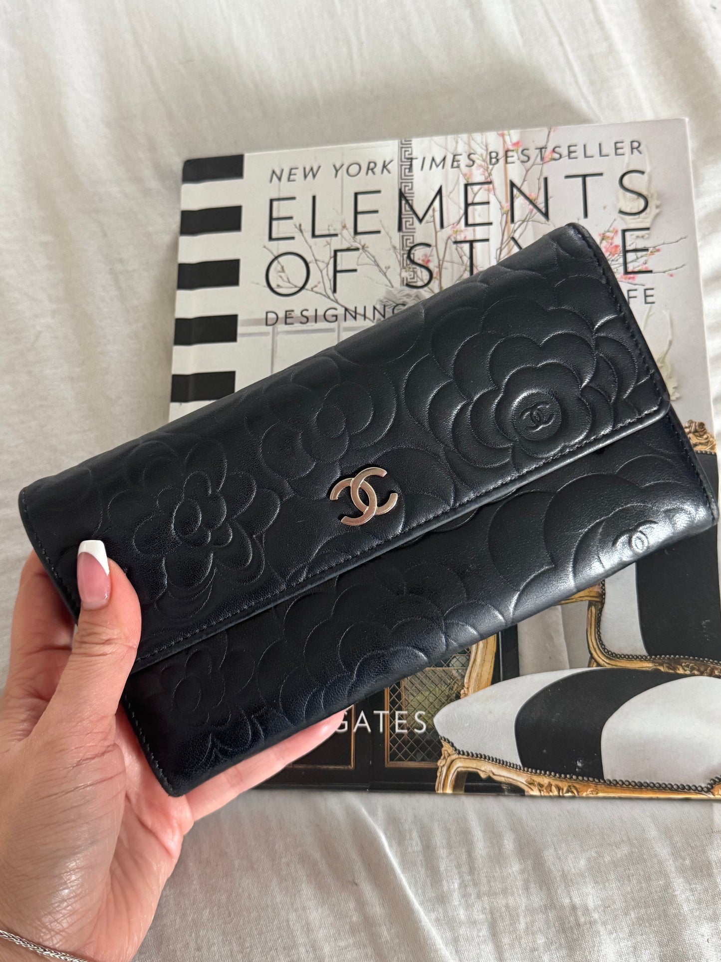 Pre-Owned CHANEL Lambskin Camellia Embossed Large Flap Wallet On Chain Crossbody Bag