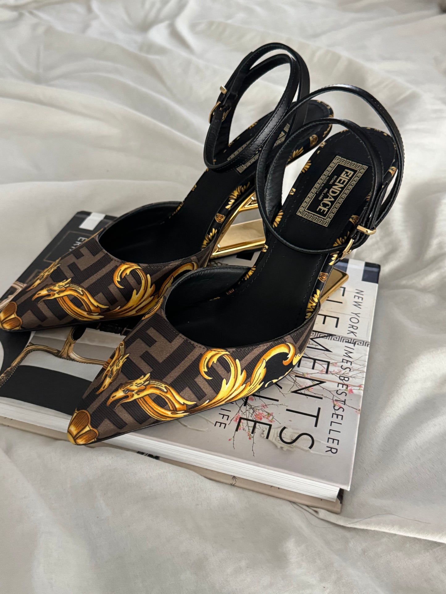 Pre-Owned FENDI X VERSACE (FENDACE) Silk Calfskin Slingback Sandals 36 EU 6.5 US