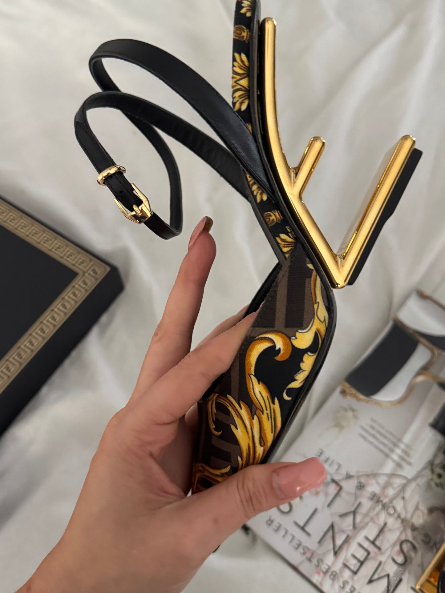 Pre-Owned FENDI X VERSACE (FENDACE) Silk Calfskin Slingback Sandals 36 EU 6.5 US