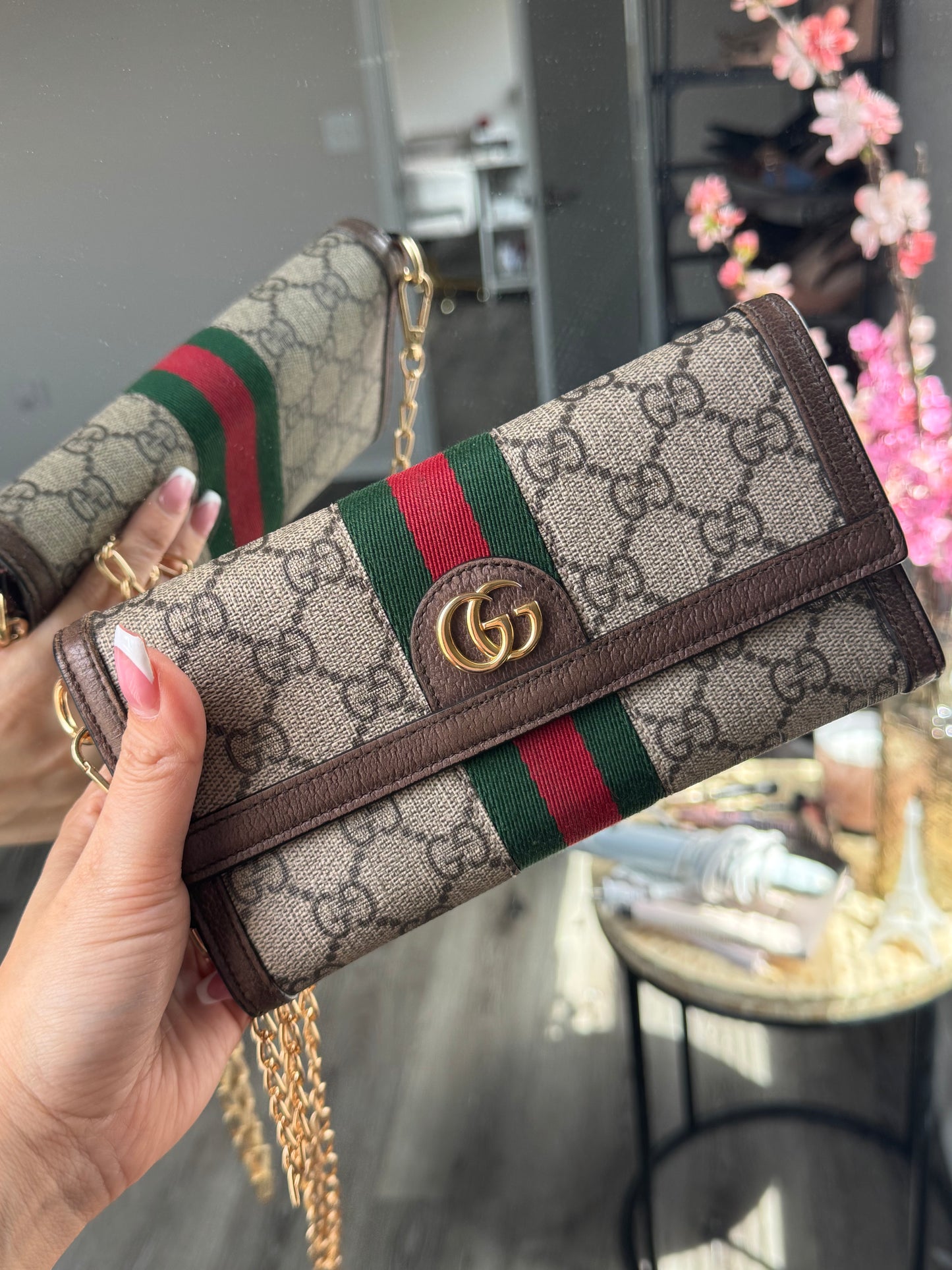 Pre-Owned GUCCI GG Supreme Monogram Web Ophidia Wallet On Chain Crossbody Bag