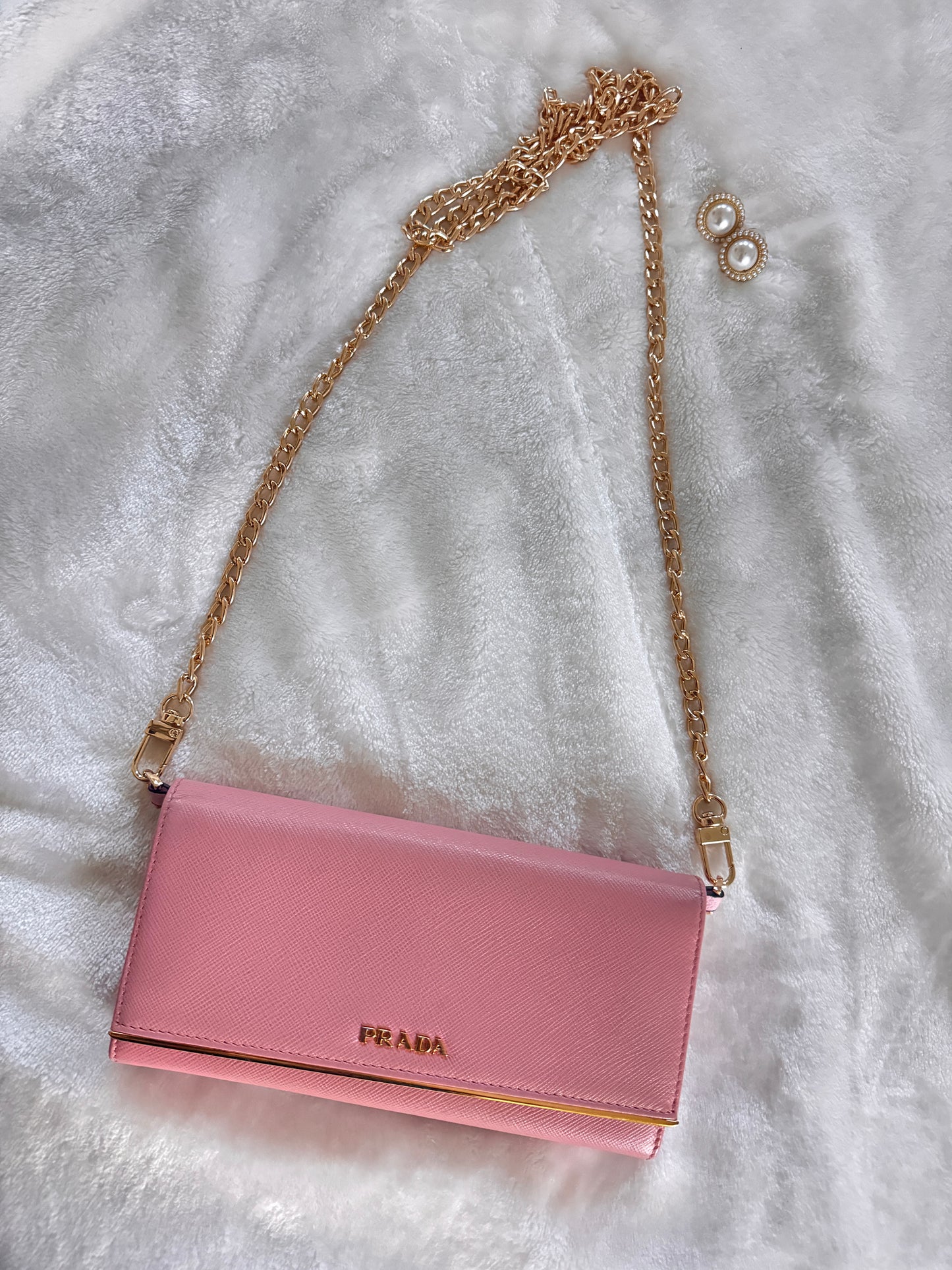Pre-Owned Prada Saffiano Line Gold Logo Wallet On Chain Crossbody Bag