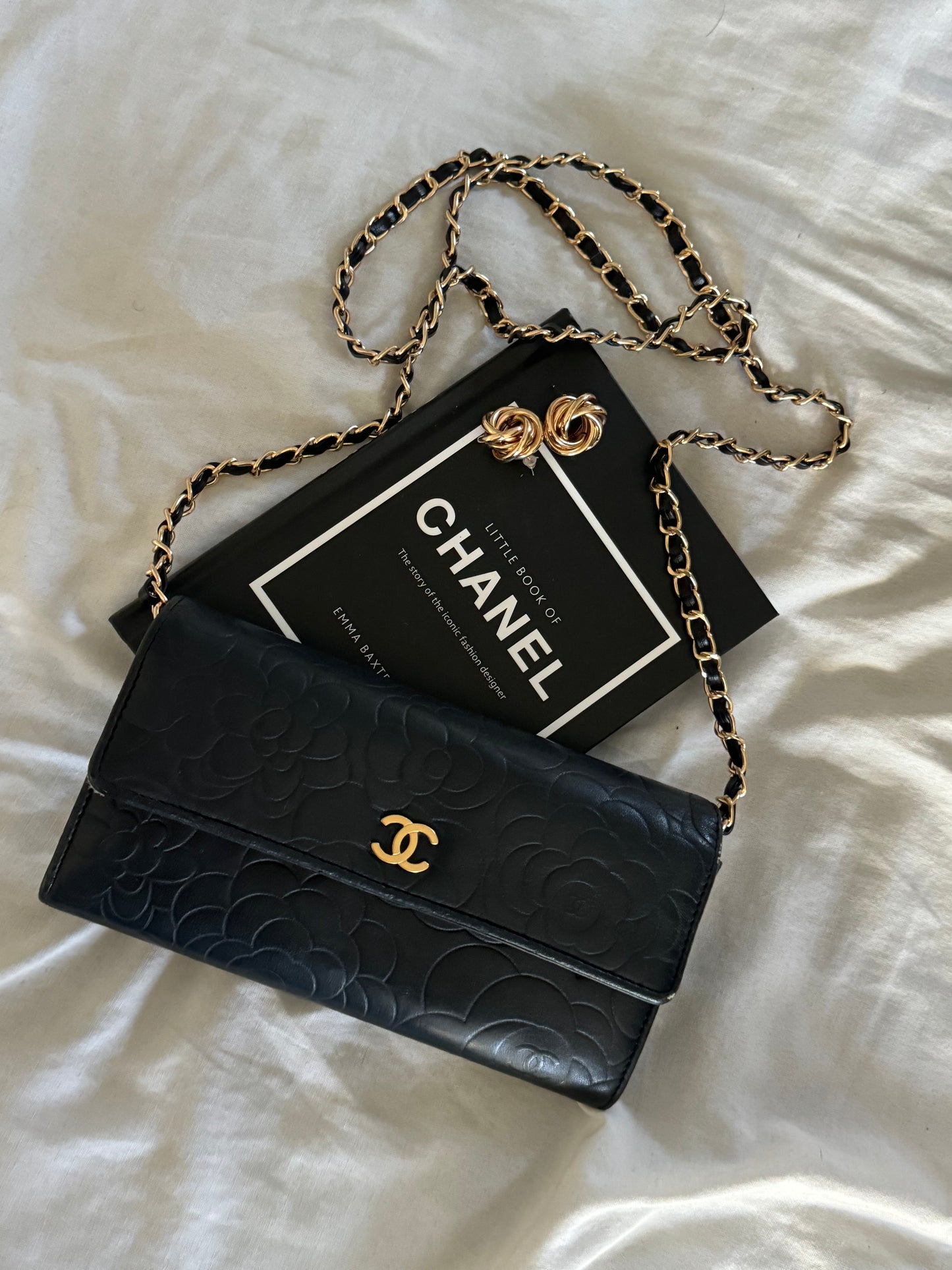 Pre-Owned Chanel Lambskin Camellia Embossed Large Flap Wallet On Chain Crossbody Bag