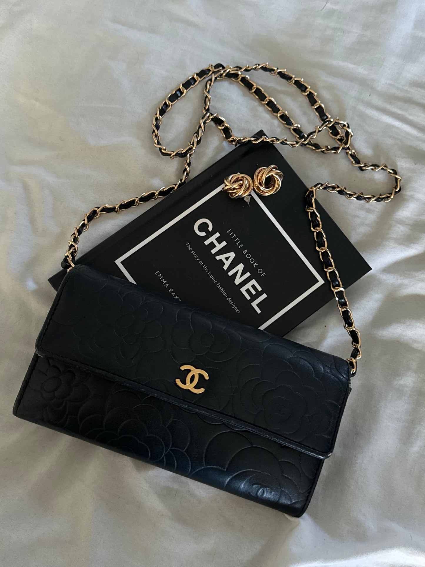 Pre-Owned Chanel Lambskin Camellia Embossed Large Flap Wallet On Chain Crossbody Bag