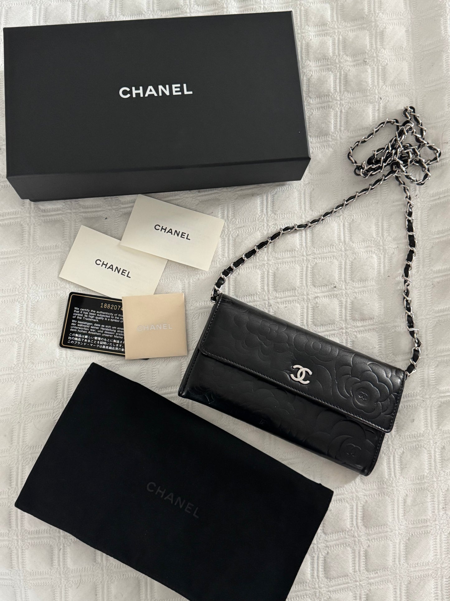 Pre-Owned Chanel Lambskin Camellia Embossed Large Flap Wallet On Chain Crossbody Bag