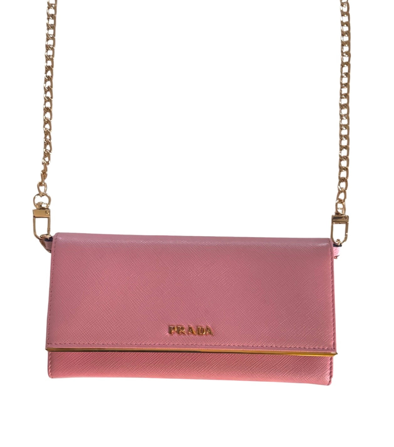 Pre-Owned Prada Saffiano Line Gold Logo Wallet On Chain Crossbody Bag