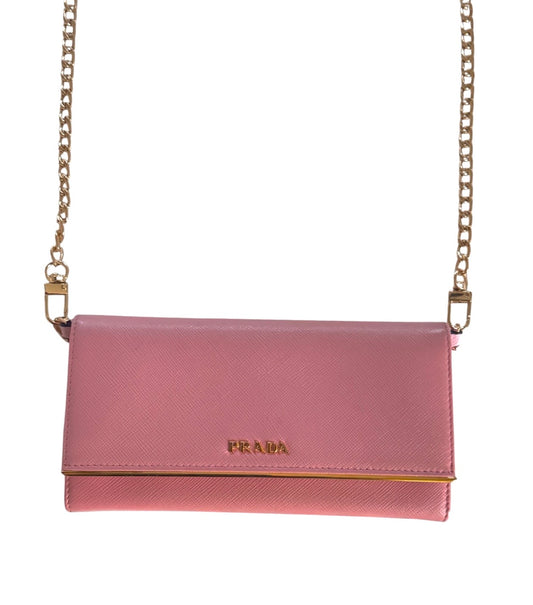Pre-Owned Prada Saffiano Line Gold Logo Wallet On Chain Crossbody Bag
