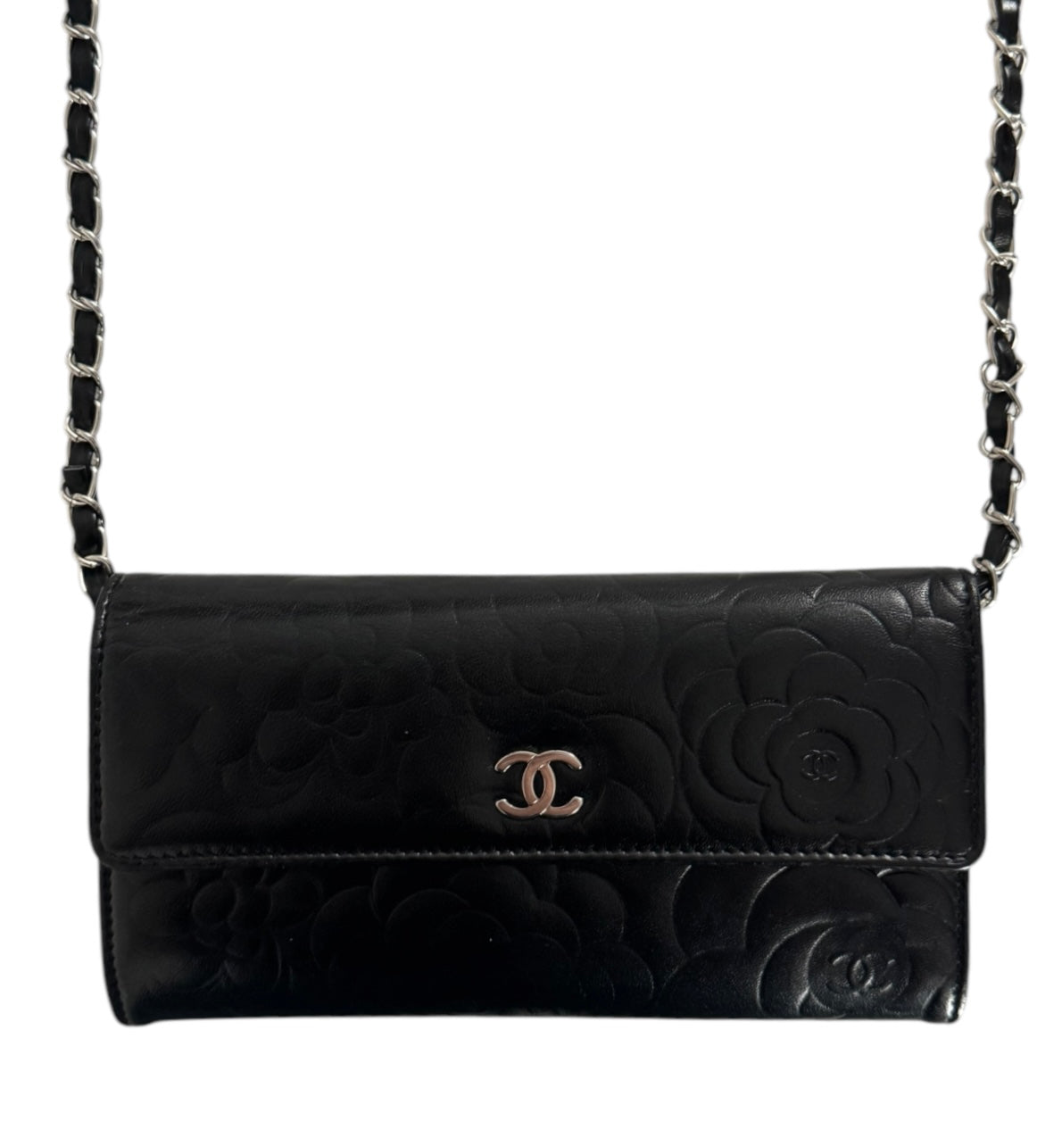 Pre-Owned Chanel Lambskin Camellia Embossed Large Flap Wallet On Chain Crossbody Bag