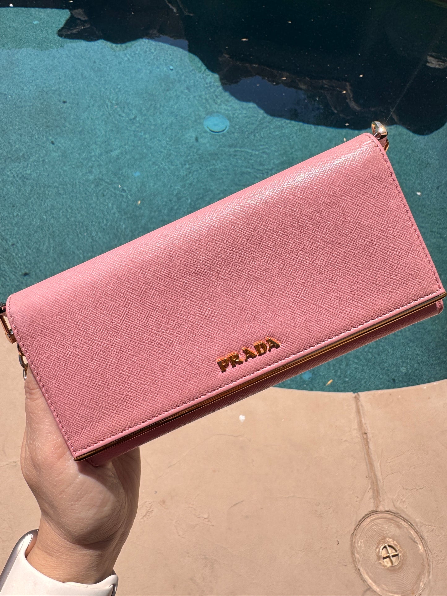 Pre-Owned Prada Saffiano Line Gold Logo Wallet On Chain Crossbody Bag