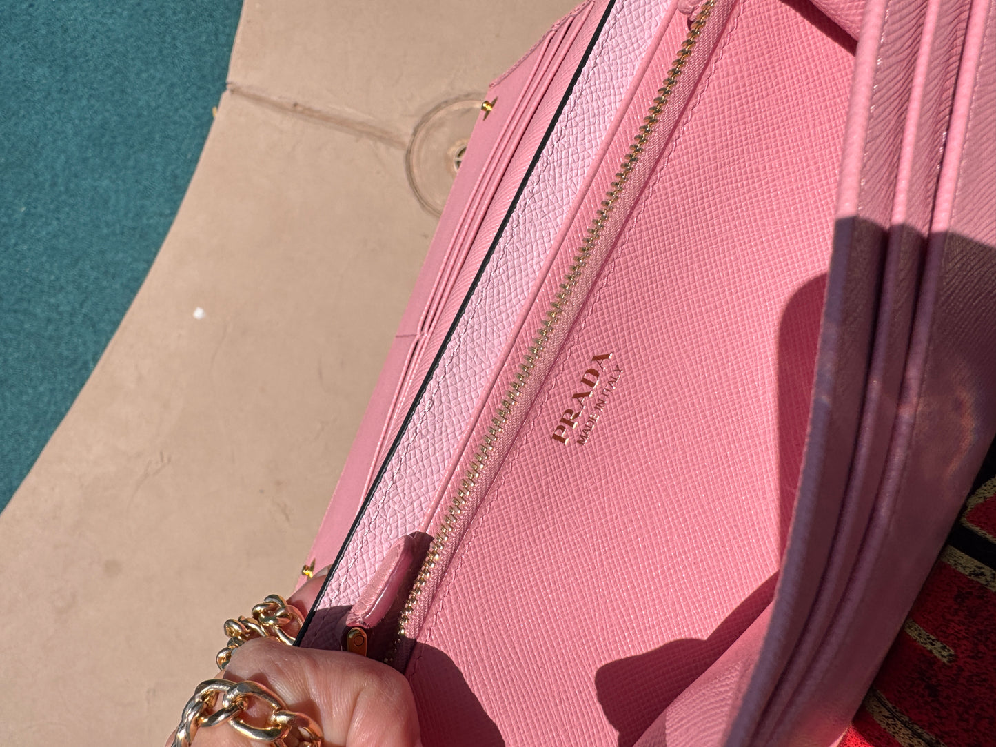 Pre-Owned Prada Saffiano Line Gold Logo Wallet On Chain Crossbody Bag