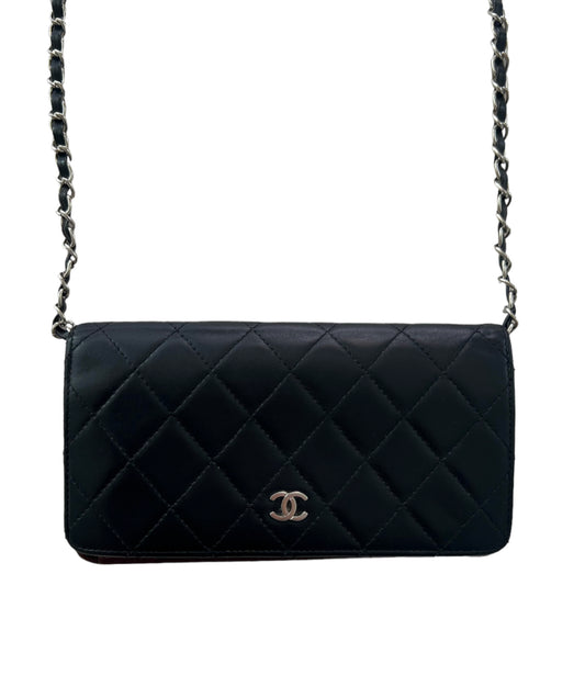 Pre-owned Chanel Lambskin Matelasse Long Wallet Crossbody Bag- black