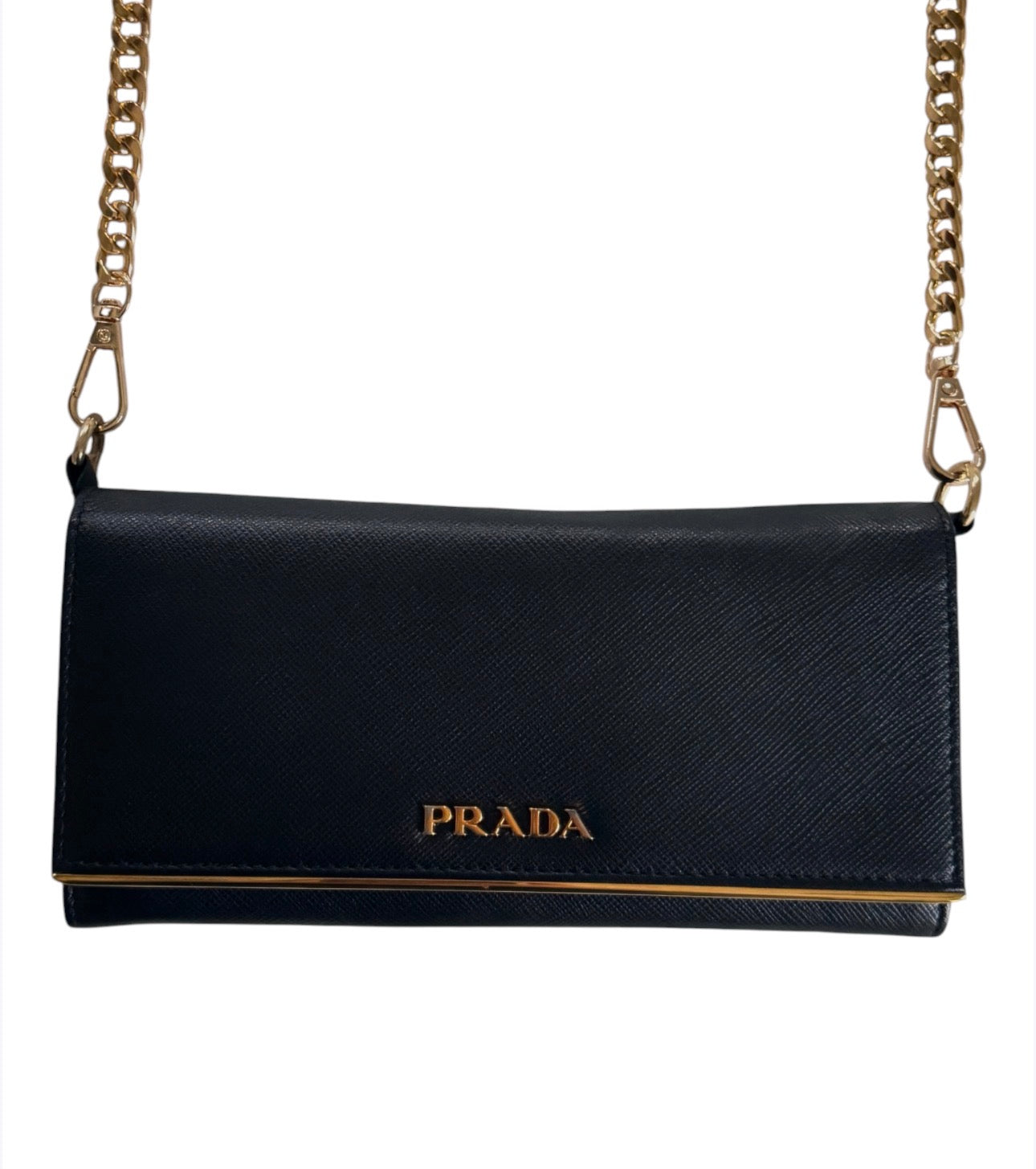 Pre-Owned Prada Saffiano Line Gold Logo Wallet On Chain Crossbody Bag-Black
