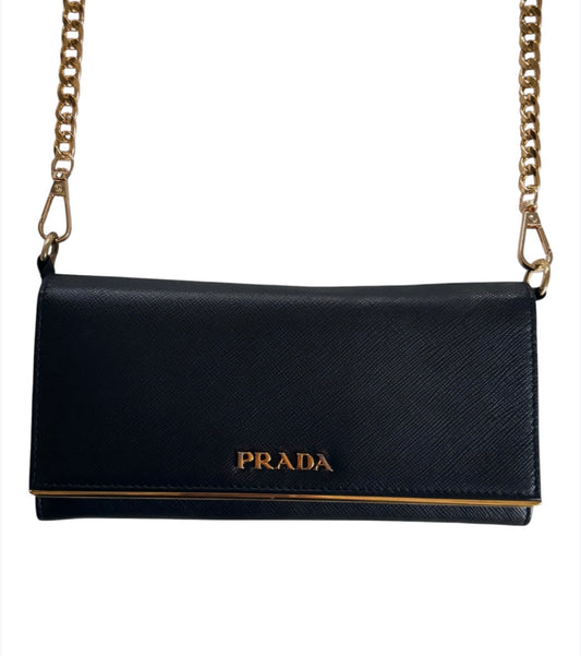 Pre-Owned Prada Saffiano Line Gold Logo Wallet On Chain Crossbody Bag-Black