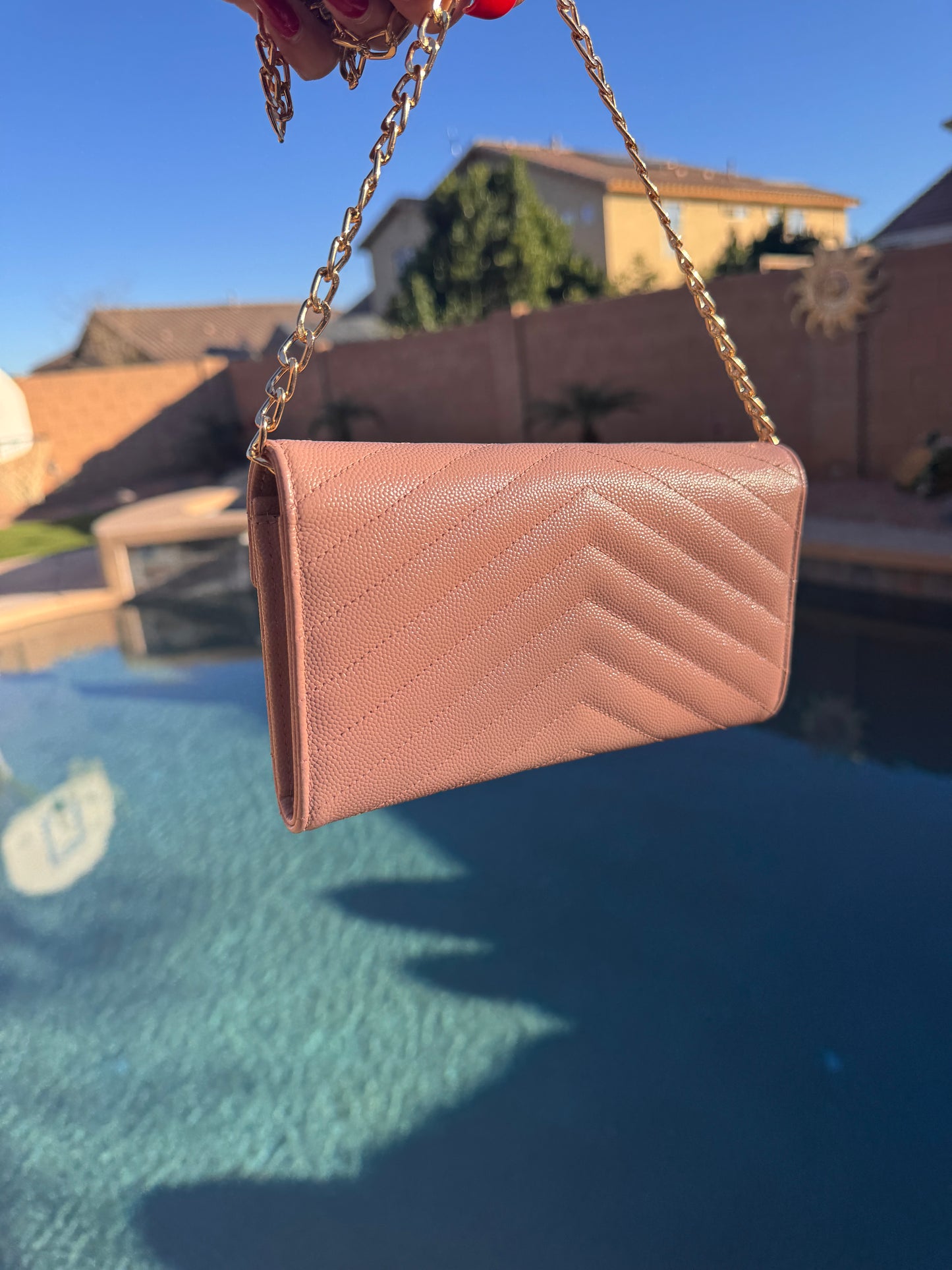 Pre-Owned  Yves Saint Laurent Grain de Poudre Leather Flap Wallet Crossbody Bag-Pink Beige