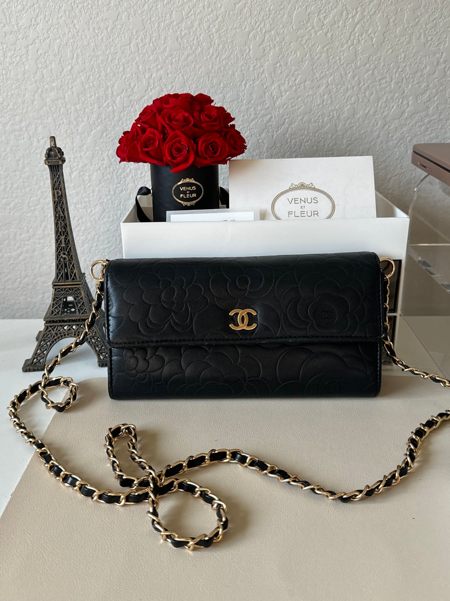 Pre-Owned Chanel Lambskin Camellia Embossed Large Flap Wallet On Chain Crossbody Bag