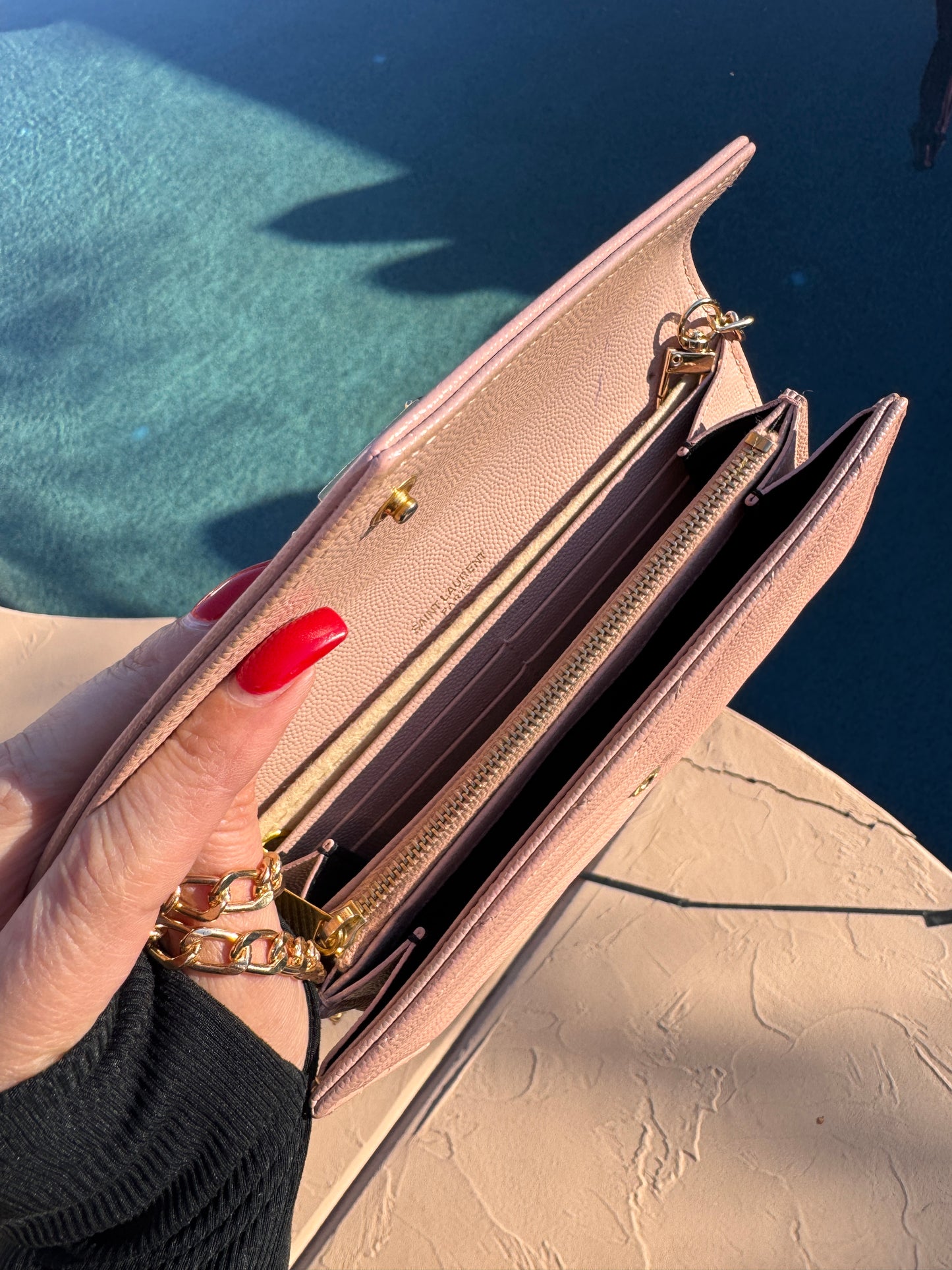 Pre-Owned  Yves Saint Laurent Grain de Poudre Leather Flap Wallet Crossbody Bag-Pink Beige