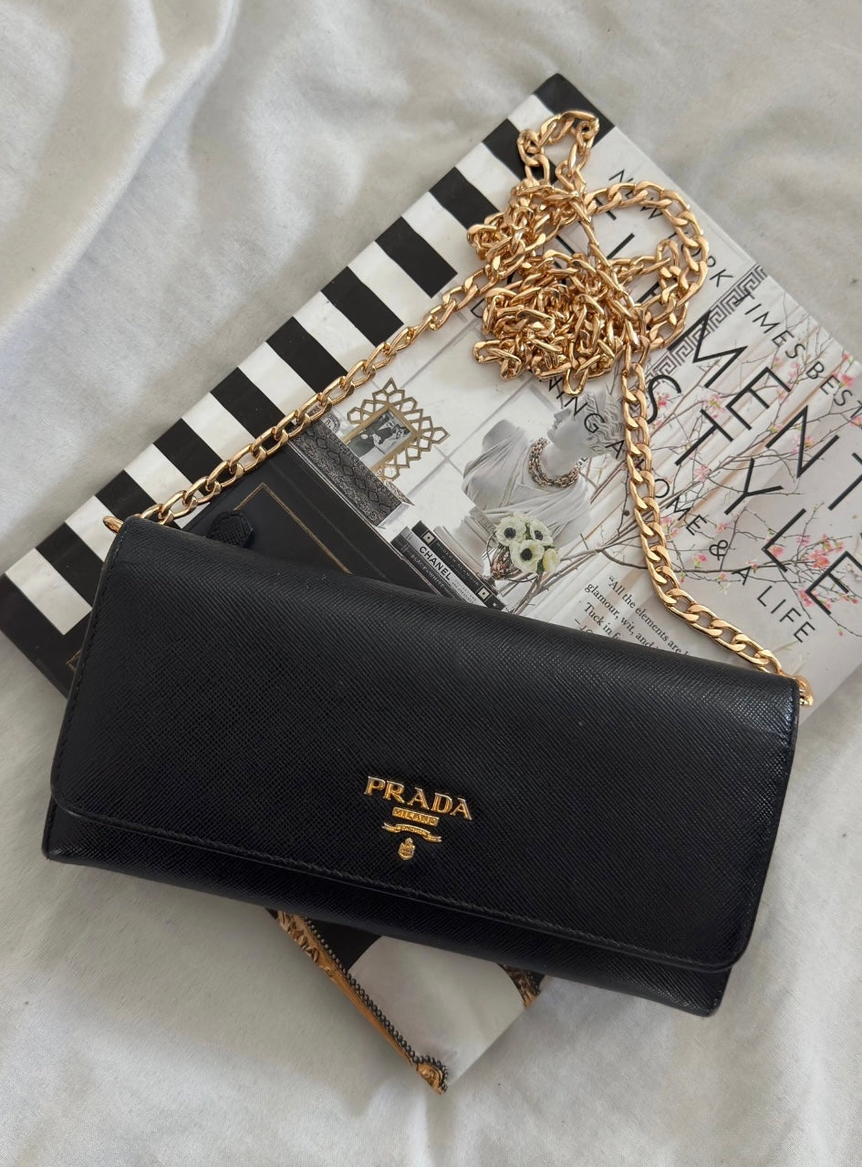 Pre-Owned  PRADA Black Saffiano Leather Wallet with Chain