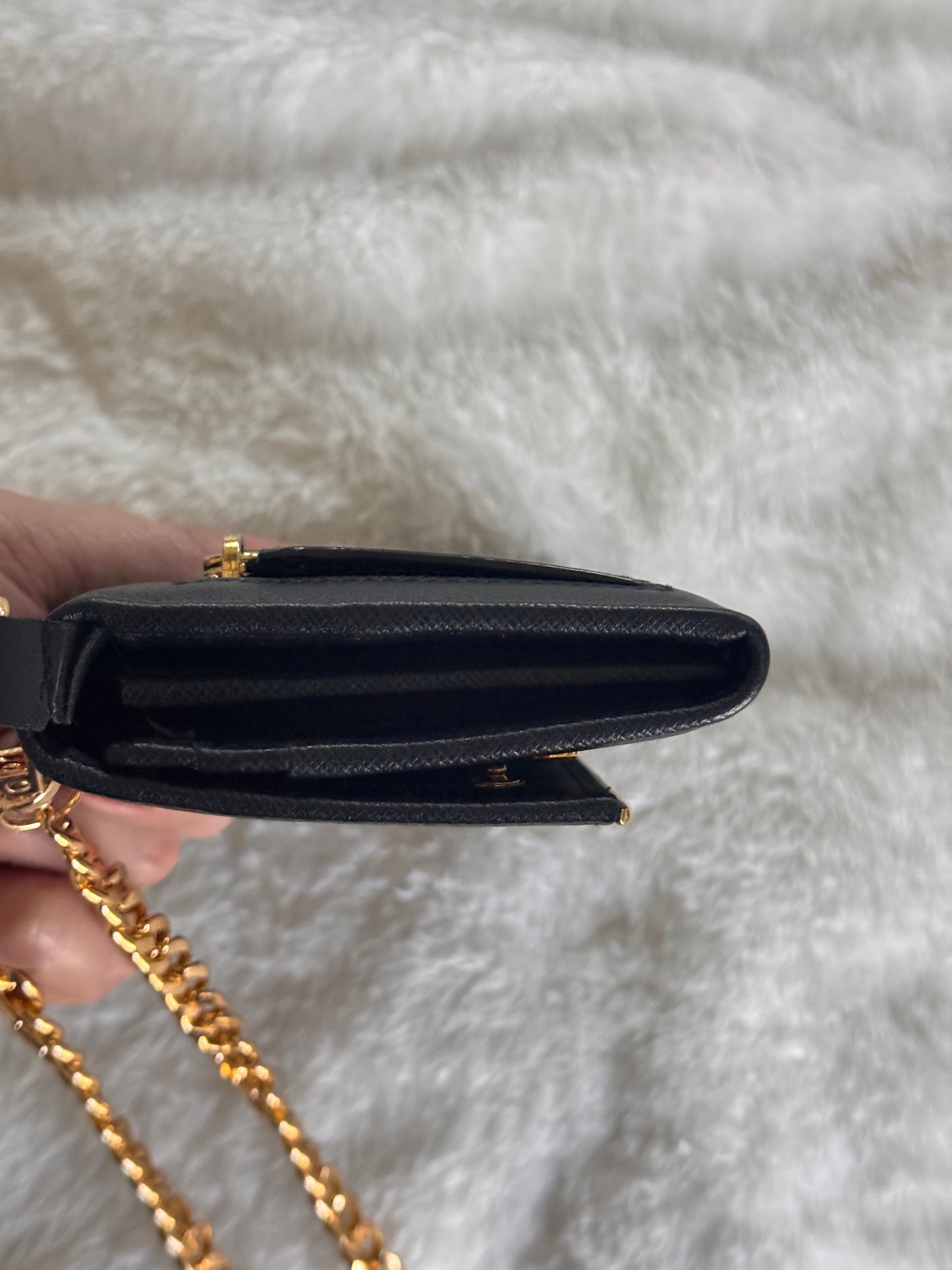 Pre-Owned Prada Saffiano Line Gold Logo Wallet On Chain Crossbody Bag-Black