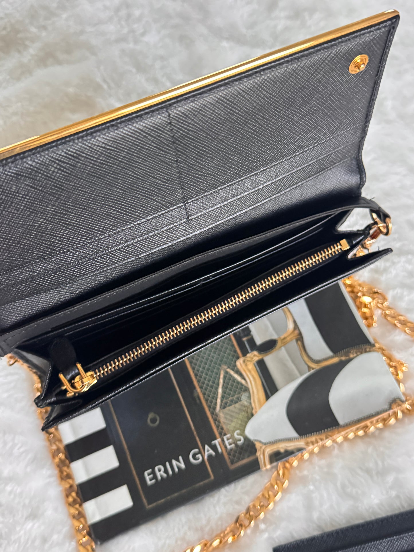 Pre-Owned Prada Saffiano Line Gold Logo Wallet On Chain Crossbody Bag-Black