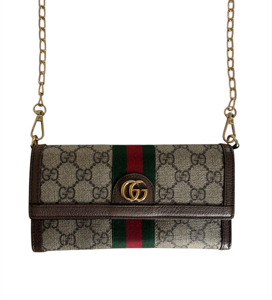 Pre-Owned GUCCI GG Supreme Monogram Web Ophidia Wallet On Chain Crossbody Bag