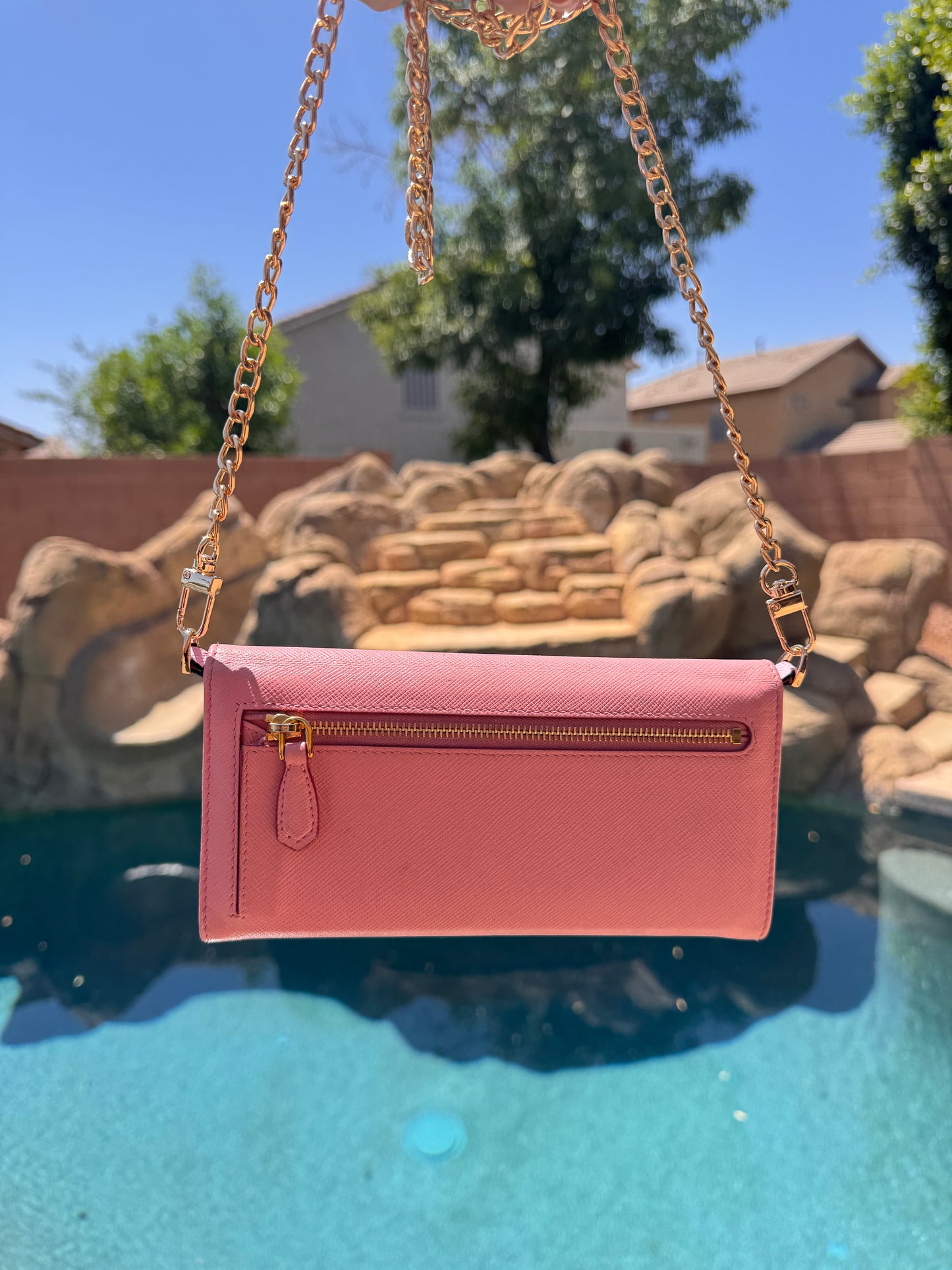 Pre-Owned Prada Saffiano Line Gold Logo Wallet On Chain Crossbody Bag