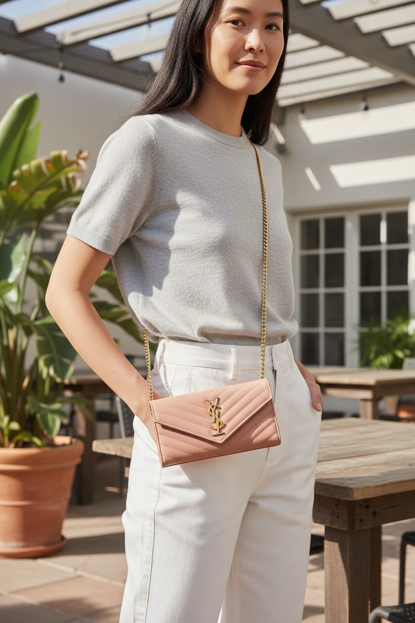 Pre-Owned  Yves Saint Laurent Grain de Poudre Leather Flap Wallet Crossbody Bag-Pink Beige