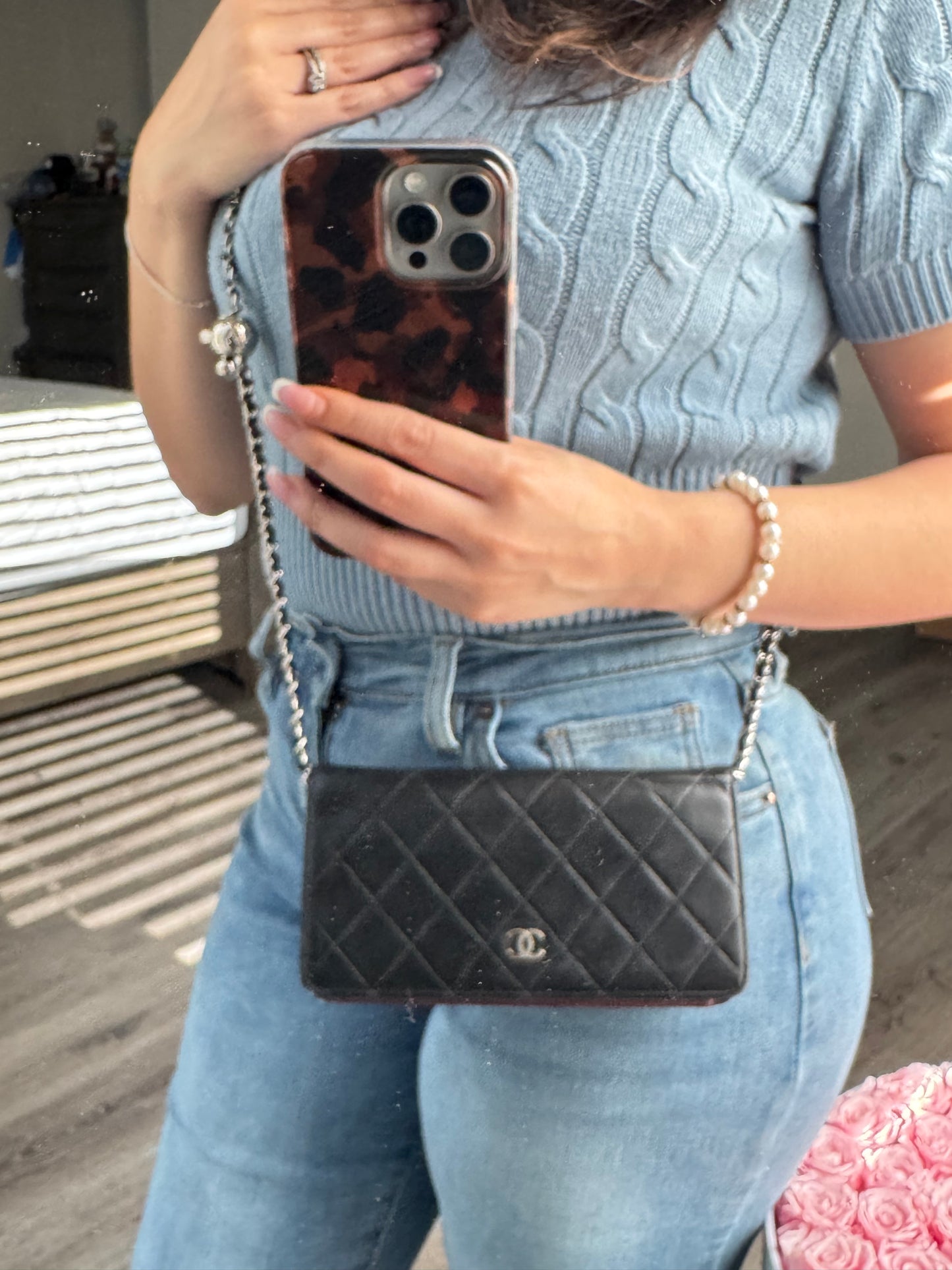 Pre-Owned CHANEL Lambskin Matelasse wallet on chain crossbody bag