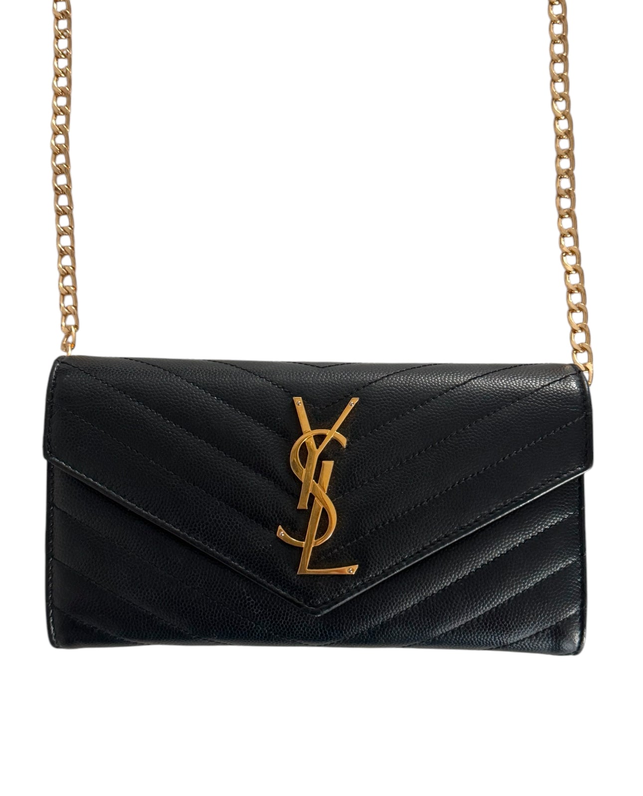 Authentic Yves Saint Laurent Grain de Poudre Leather Flap Wallet Crossbody Bag