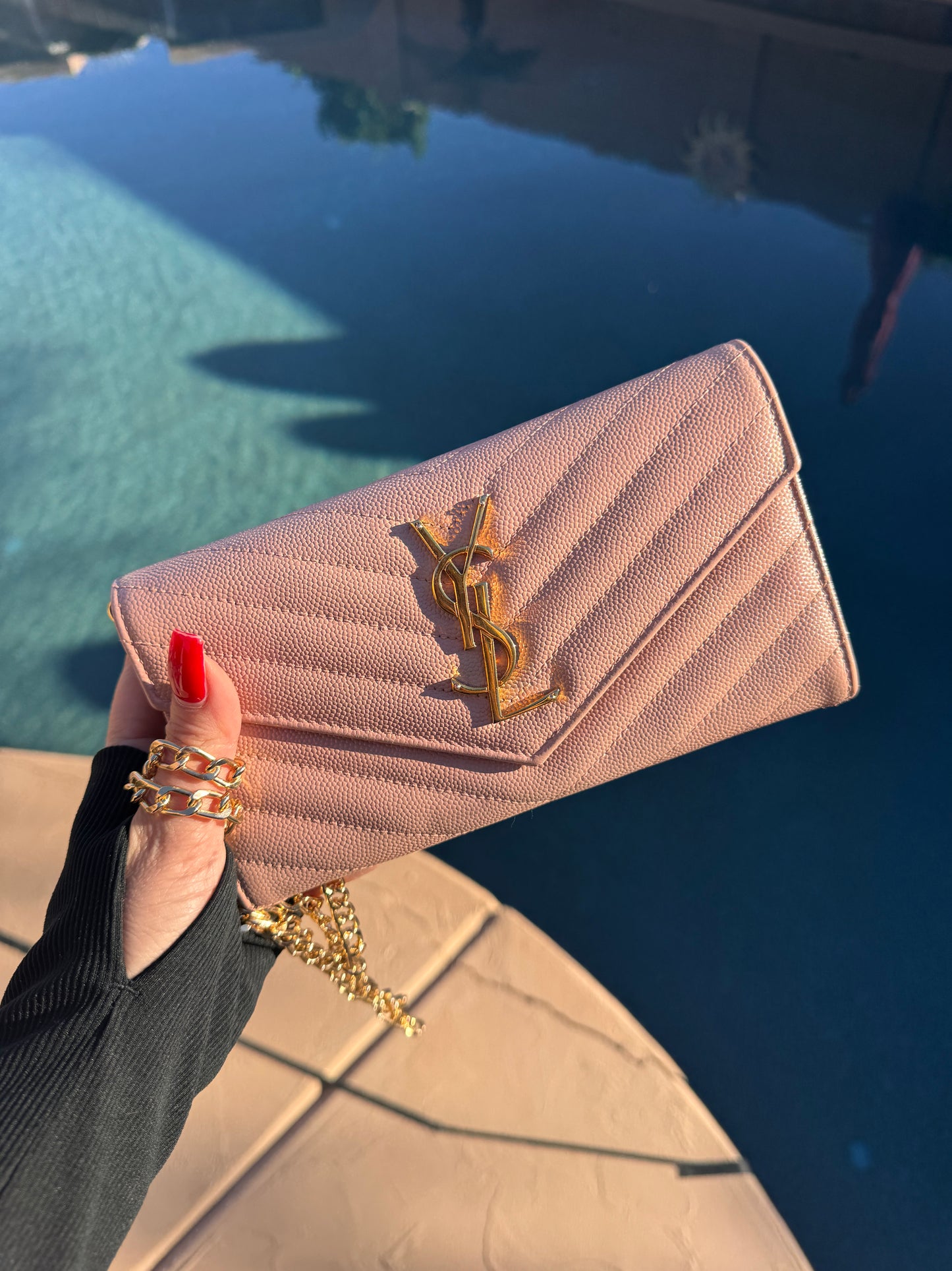 Pre-Owned  Yves Saint Laurent Grain de Poudre Leather Flap Wallet Crossbody Bag-Pink Beige